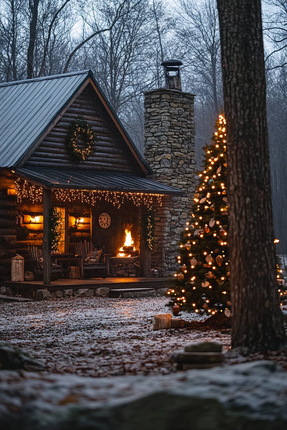 An enchanting woodland scene showcasing a rustic log cabin adorned with a festive wreath and string lights. The cabin features a stone chimney billowing with a cozy fire inside, while an illuminated Christmas tree stands to the right, surrounded by lightly snow-dusted ground and forested backdrop with bare trees.