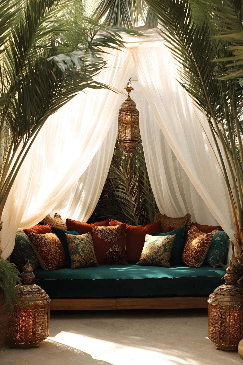 A luxurious outdoor setting featuring a plush daybed embellished with oversized cushions in opulent jewel tones, shielded by a gauzy white canopy. Flanking the daybed are towering potted palms lending an exotic ambience, and ornamental lanterns contributing to the overall resplendent aesthetic. The scene is bathed in the gentle, diffused light of an afternoon sun, accentuating the daybed's lavish textures.