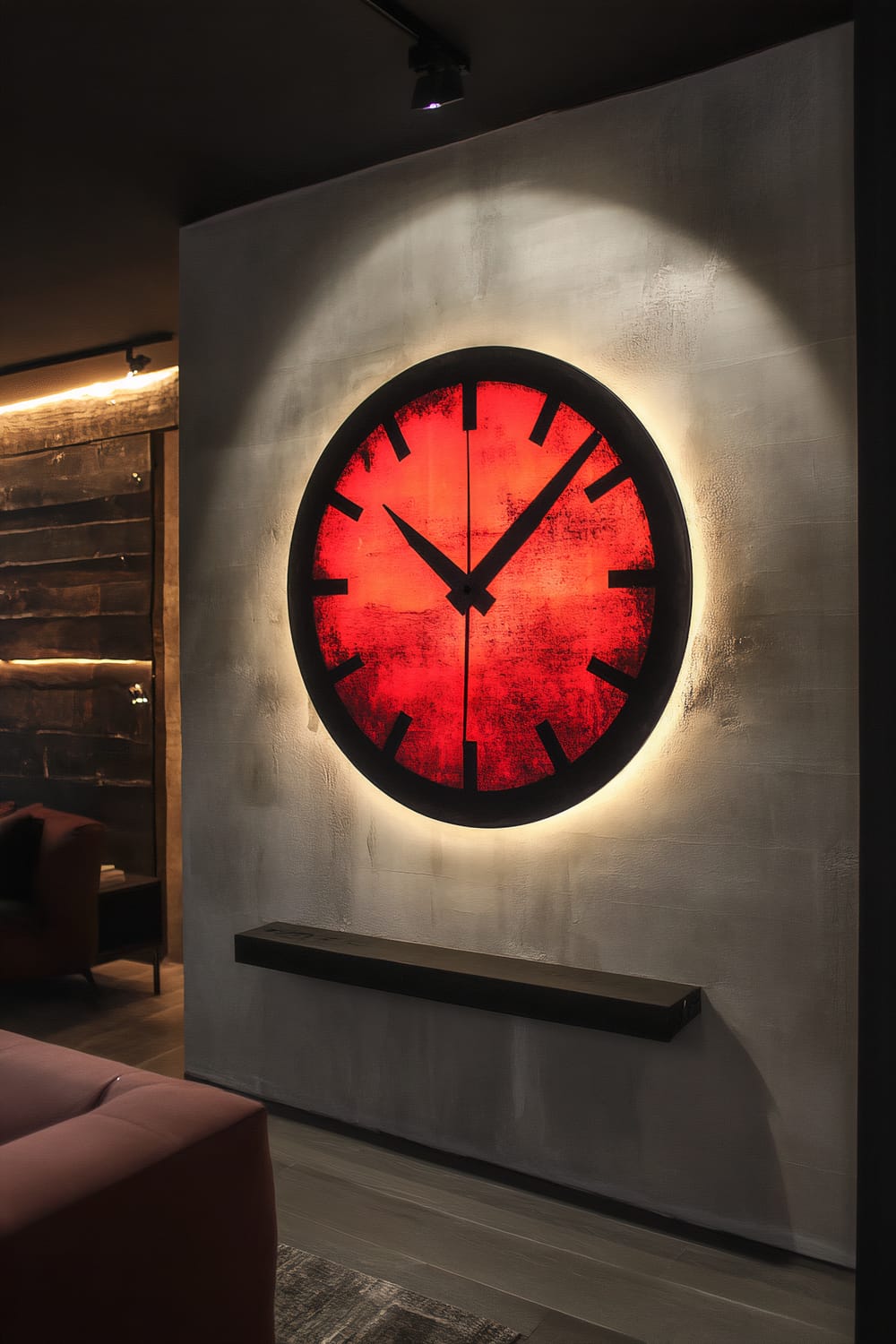 A creatively designed clock made from an upcycled bicycle wheel, painted in vibrant red and black, hangs on a feature wall in an eclectic living room. The clock is illuminated by dramatic spotlighting. The background features a simple sofa, a minimalistic décor, and predominantly neutral tones.