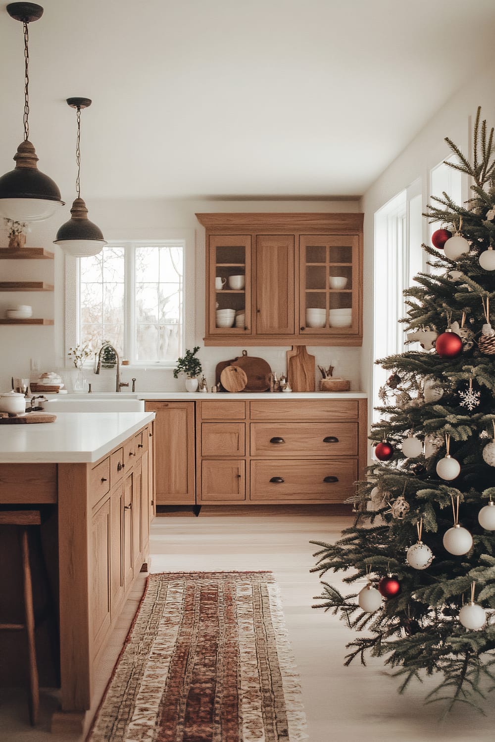 A Shaker-style kitchen adorned for Christmas with a modest vintage tree. The tree is decorated with handcrafted white and red ornaments. The kitchen features clean wooden cabinetry and minimalistic decor. Bright natural light floods through the windows, enhancing the serene holiday atmosphere.