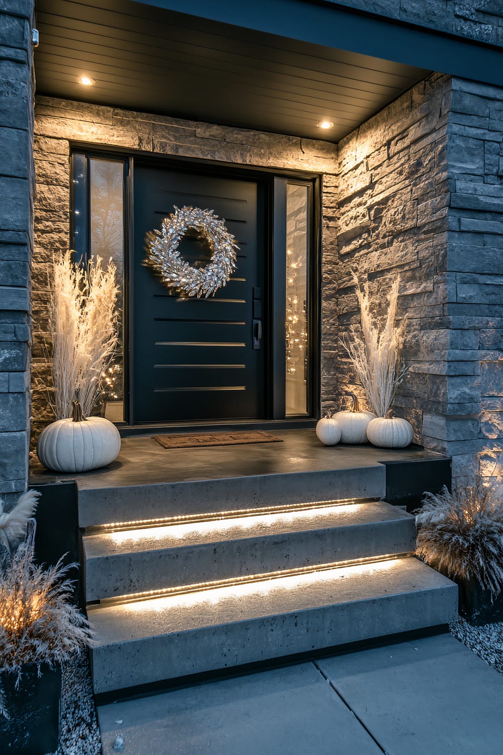 A modern front porch with a stone facade and a wide, dark-colored door decorated with a silver wreath. The concrete steps leading up to the door are illuminated with recessed lighting. White pumpkins and ornamental grass in planters decorate the entryway, adding a seasonal touch.