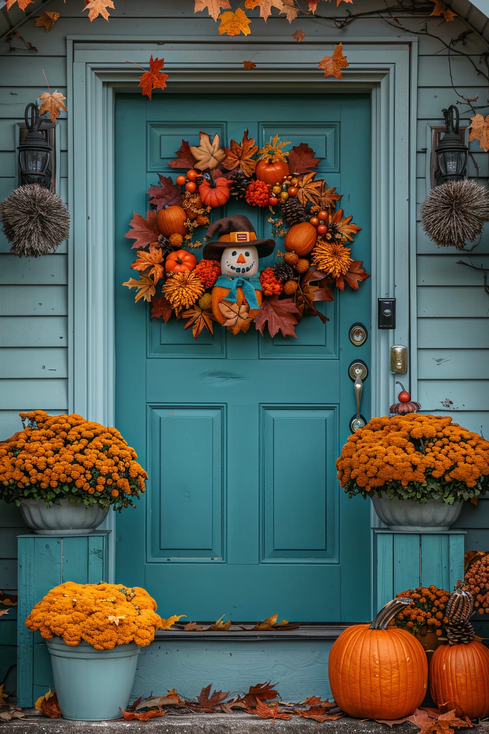 A front porch decorated for fall with a teal door adorned with a festive wreath. The wreath features a scarecrow, pumpkins, and various autumn leaves and flowers. On either side of the steps leading to the door are pots with vibrant orange chrysanthemums. Beside the door, there are lantern-style light fixtures and more autumnal decorations, including pumpkins and leaves scattered on the ground.