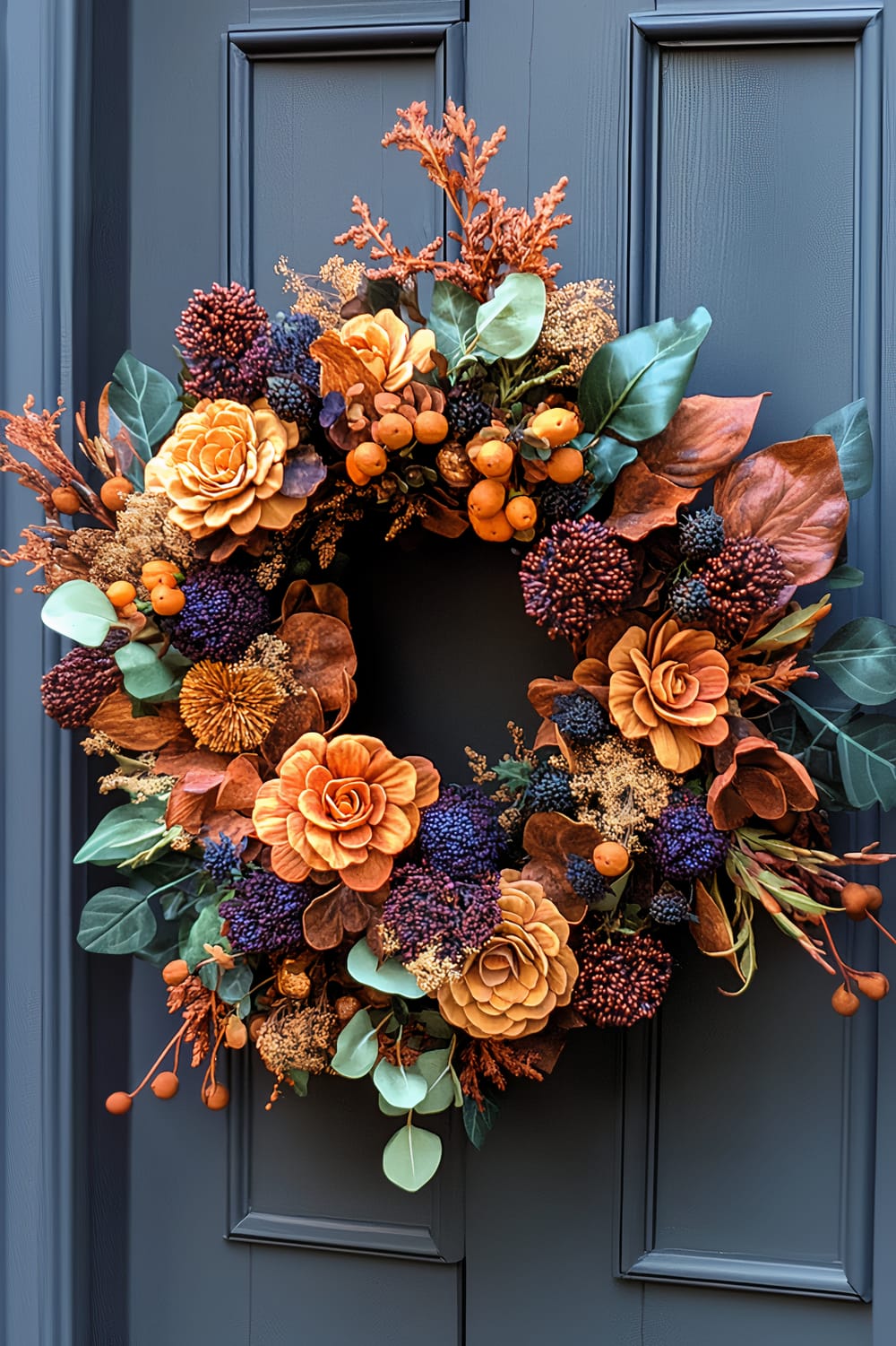 A vibrant autumn wreath adorns a dark blue door, designed with an array of fall-themed decorations. The wreath features large orange flowers, clusters of small dark purple berries, bright orange berries, and various types of foliage in green and brown tones. The door panels behind it provide an elegant backdrop, enhancing the rich colors of the wreath.