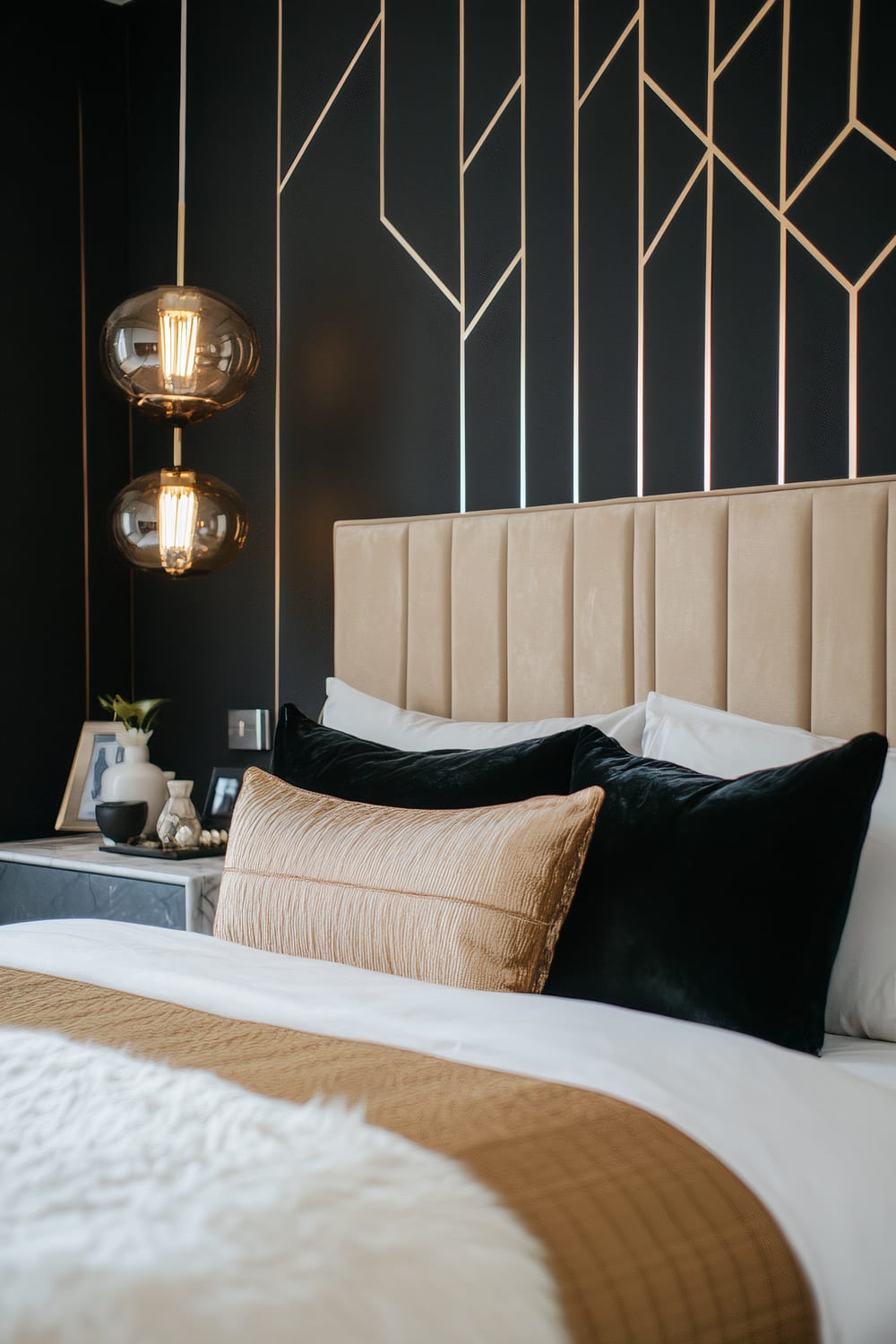 A modern bedroom scene features a bed with a beige tufted headboard against a striking black wall adorned with geometric gold lines. The bed is dressed with a white duvet, a brown throw, and a mix of black, beige, and textured pillows adding a touch of sophistication. To the left of the bed, a side table holds decorative items, including a vase with green foliage and framed photos. Two spherical pendant lights with exposed filament bulbs hang above the side table, their reflections captured in the glass surface, creating a warm and inviting glow.