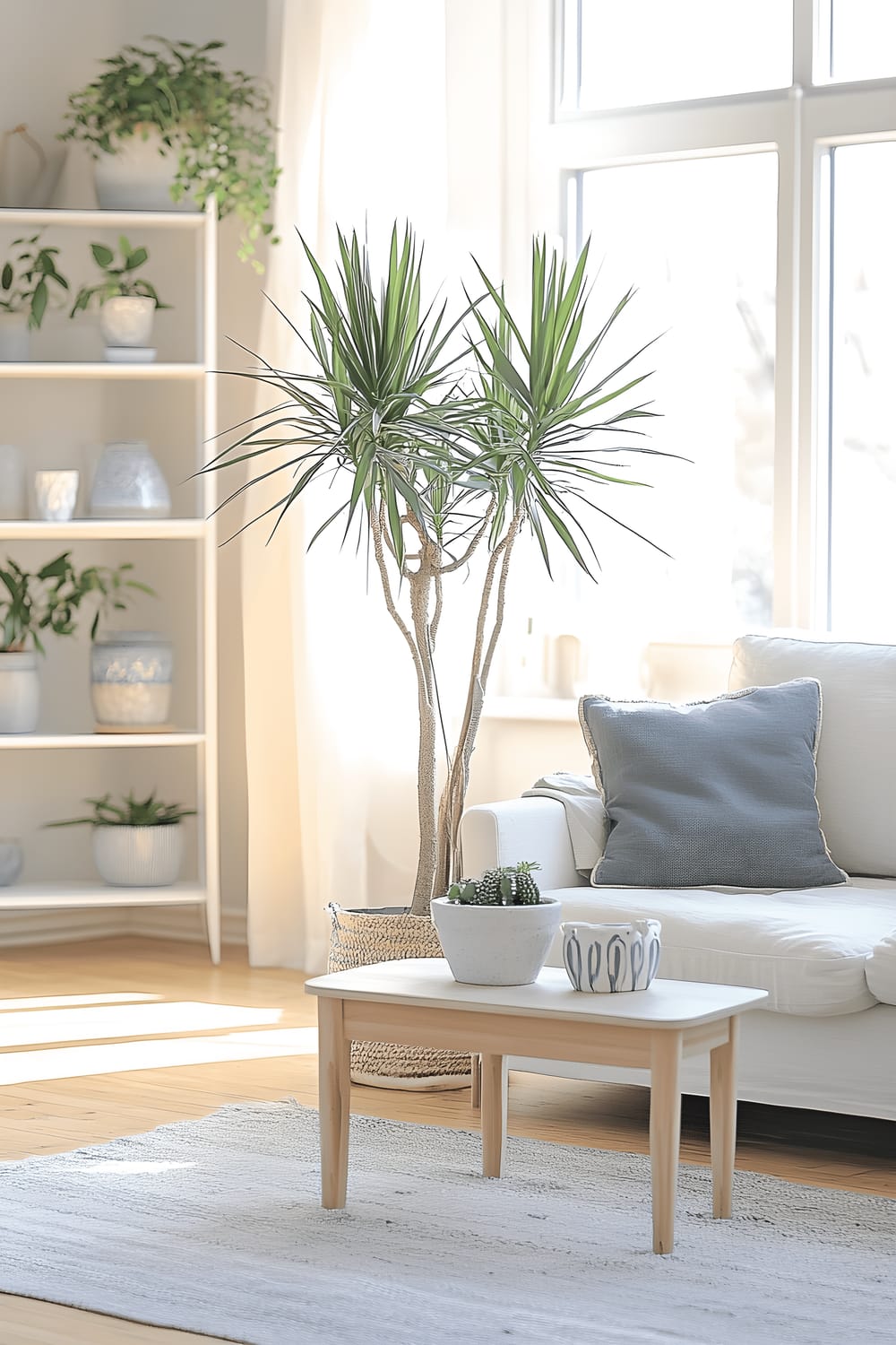 A small and bright living room decorated in a Scandinavian style with a predominant pastel color palette. The room features a white loveseat, a light pine wood coffee table, a simple gray wool rug underneath, a white minimalist shelving unit displaying decorative ceramics, and a tall potted spider plant. The room is filled with natural light coming from large, north-facing windows, creating a clean and airy ambiance.