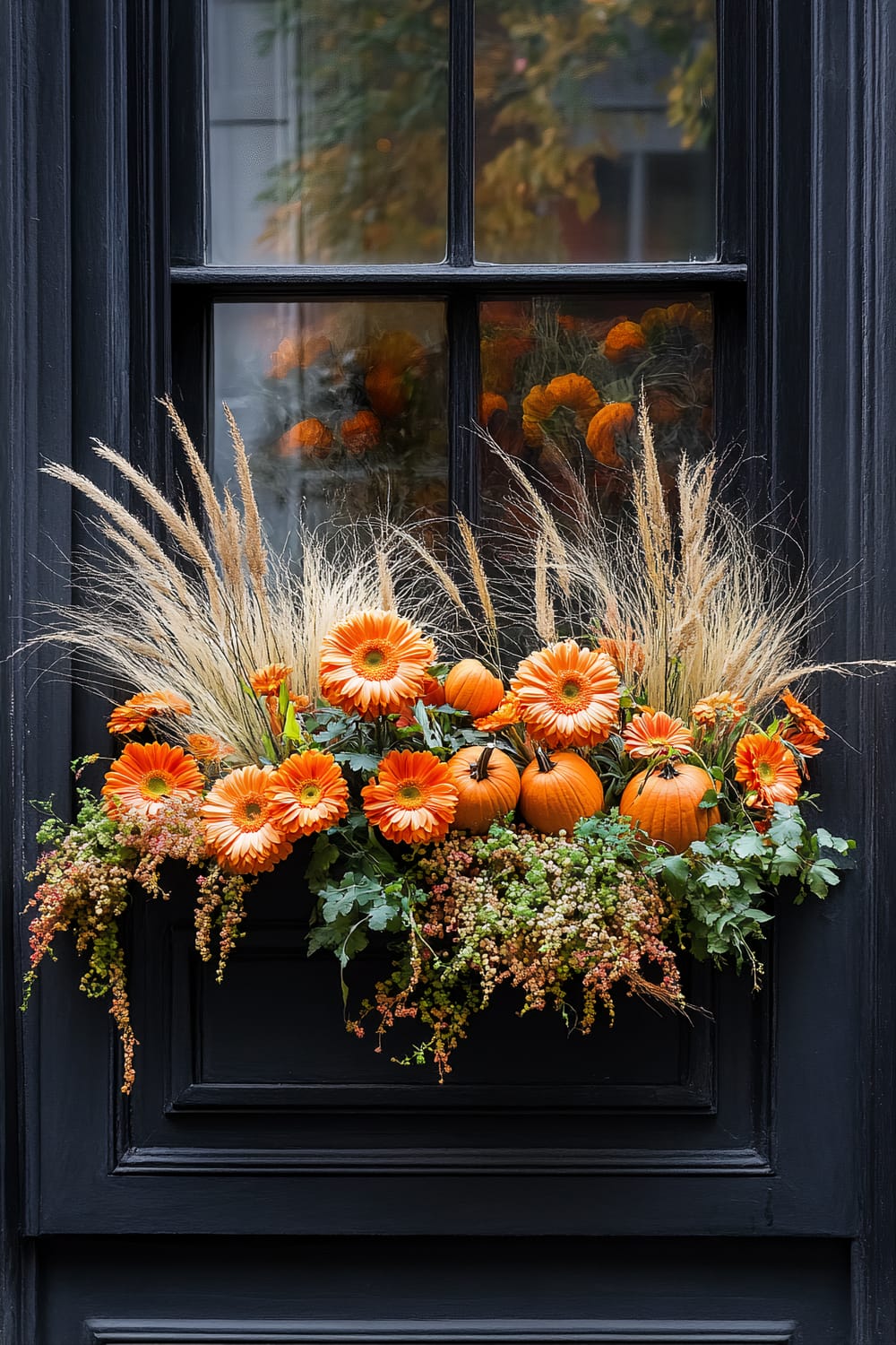 A dark-painted window adorned with a lush autumn-themed floral arrangement. The display includes vibrant orange gerbera daisies, small orange pumpkins, and various green and reddish foliage, all interspersed with decorative grasses. The reflection in the window suggests a tree with yellowing leaves, indicating a fall setting.