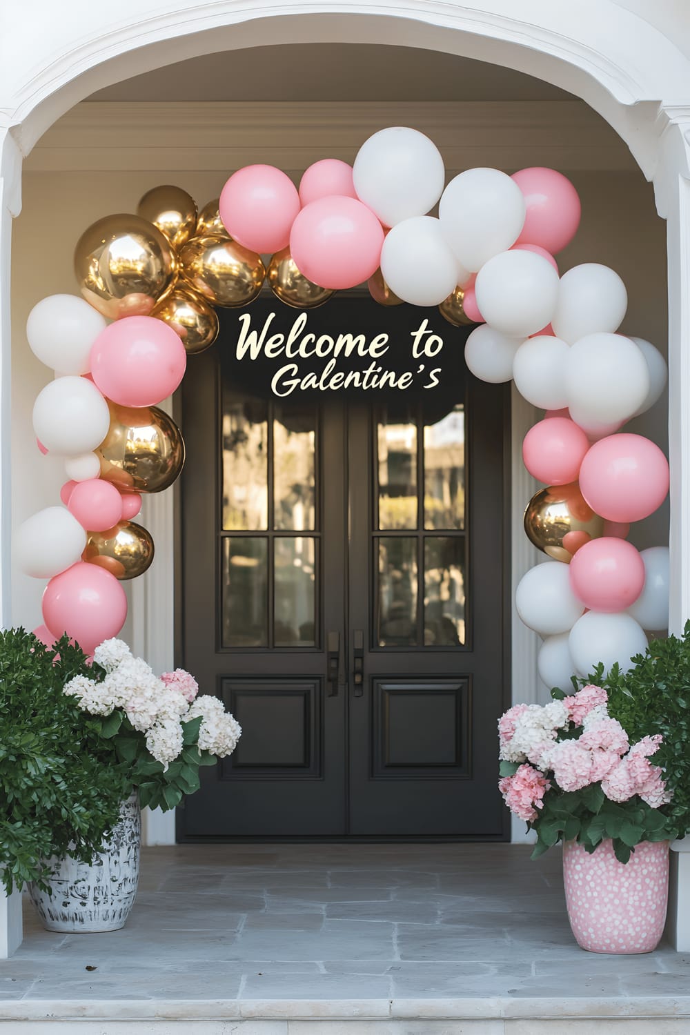 A welcoming entrance to a Galentine's event featuring a celebratory arch of pink and white balloons, accented with glimmering gold foil balloons. Above the arch hangs a stylized "Welcome to Galentine’s" sign in sleek script. Flanking the wooden doorway are potted plants, lush with fresh flowers such as hydrangeas and roses in vintage ceramic pots. Daylight softly casts a warm glow, creating a jovial and appealing ambiance.