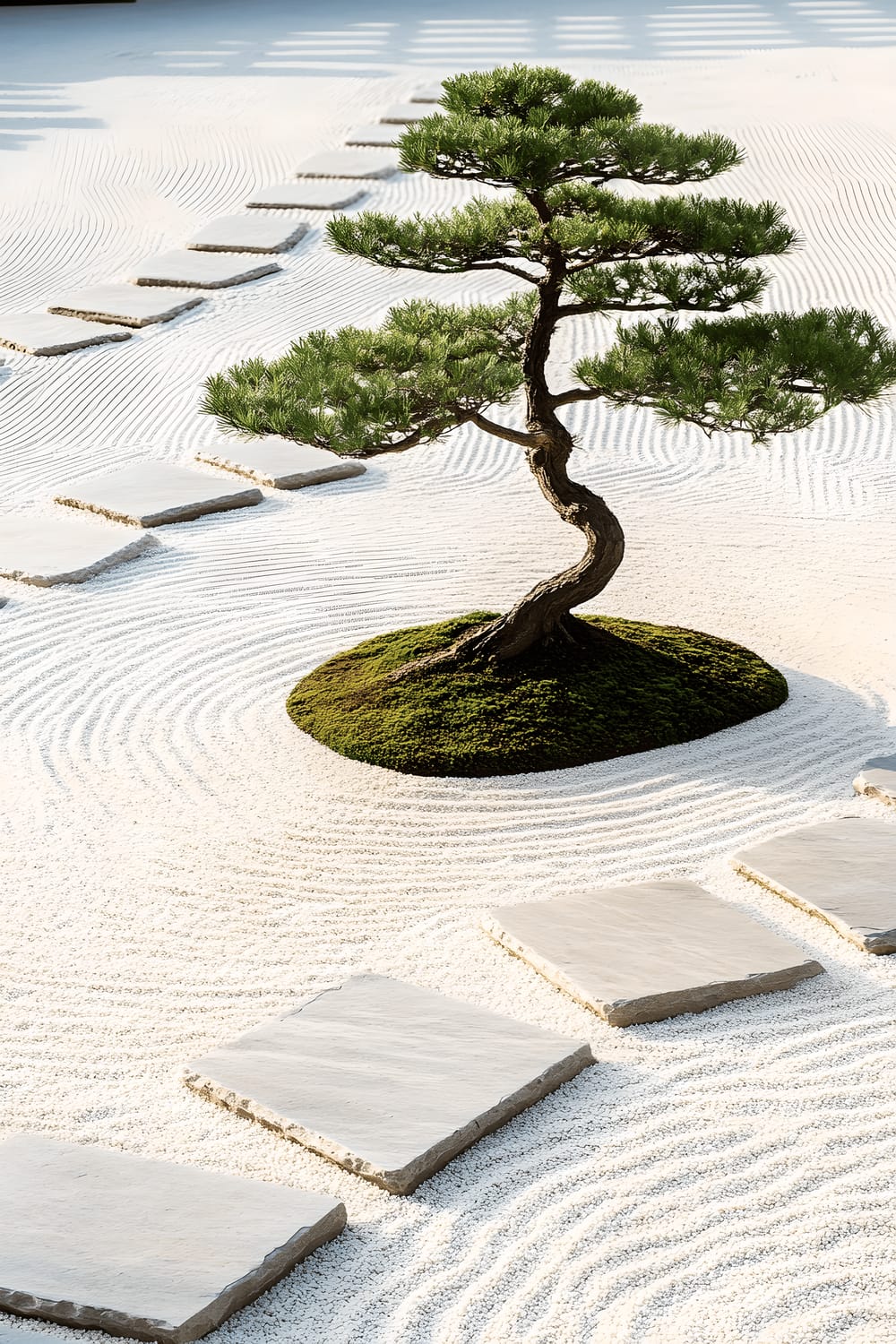 A vast Zen garden landscaped with white gravel meticulously raked into circular patterns. A sleek pathway of floating rectangular stone slabs meanders through, leading to a solitary sculptural bonsai tree with lush green leaves. The garden is bathed in soft, diffused morning light, embodying a sense of tranquility and balance.