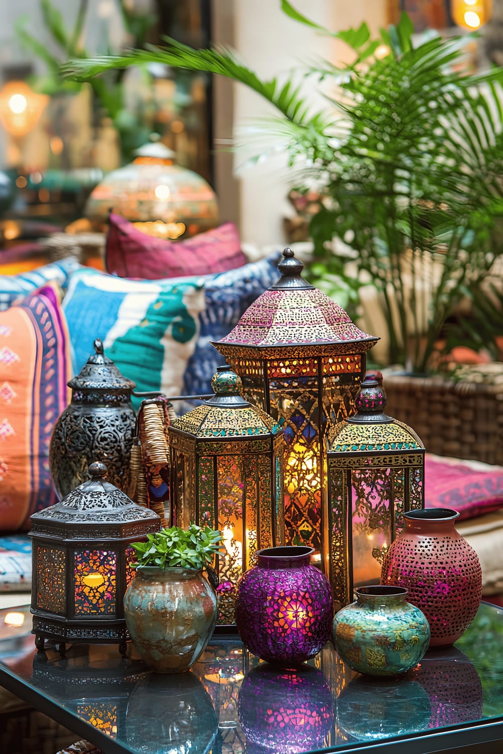 A vibrant arrangement of various cultural ornaments on a glass table. The arrangement includes Moroccan lanterns, Indian spice jars, African woven baskets, and Southeast Asian bamboo elements, accented with colorful textiles and natural greenery. The natural light from the window enhances the diverse textures and bold colors of the items.