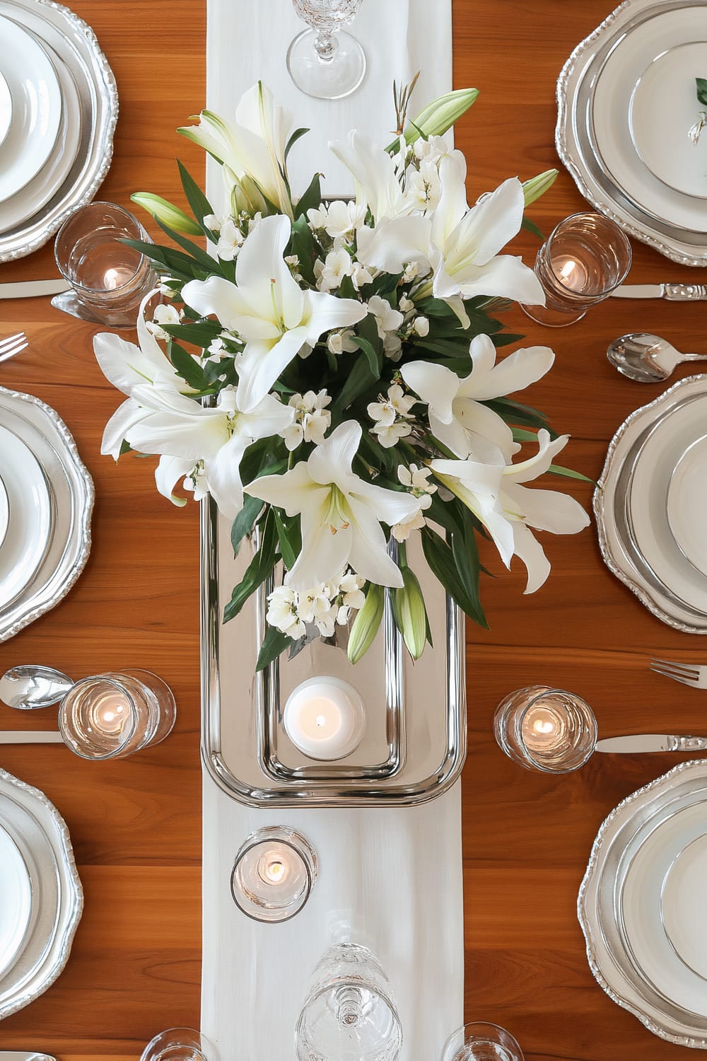 A top-down view of an elegant Thanksgiving dinner table. The table is adorned with white porcelain plates with silver edges, silver flatware, and clear crystal glassware. A sleek silver tray with white candles and a fresh white lily floral arrangement serves as the centerpiece. A white table runner with subtle silver accents runs down the center of the wooden table, adding a touch of sophistication. The table is set for six, with the arrangement creating a serene and uncluttered atmosphere.