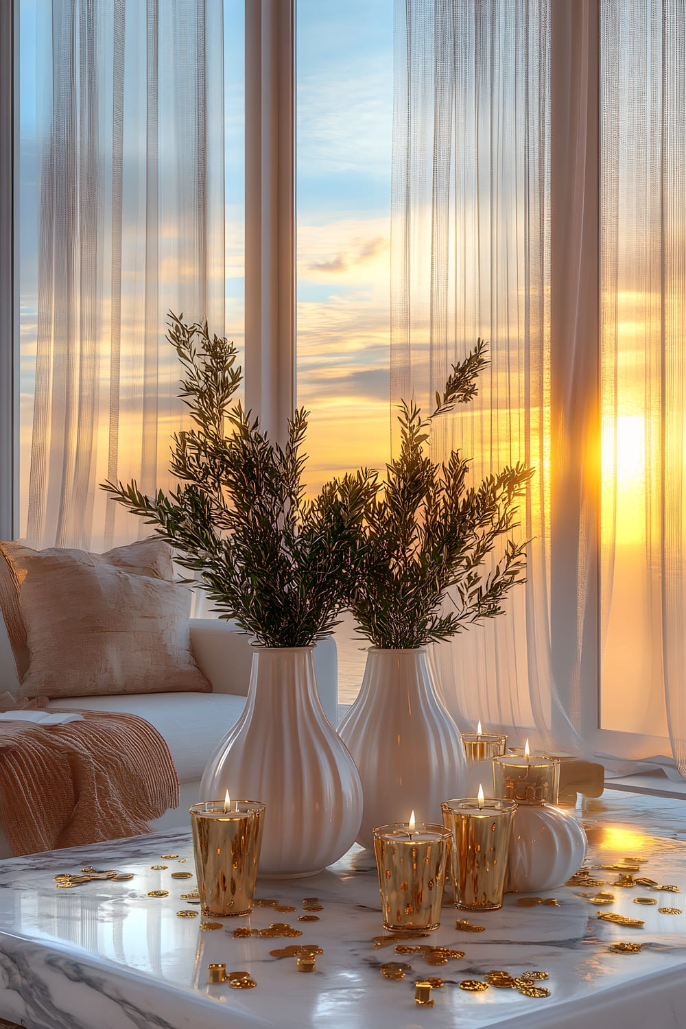 A Mediterranean-styled living room, set for New Year’s Eve with a dash of minimalist elegance. The room features three white ceramic vases holding olive branches, five golden votive candles on a marble coffee table, and ten pieces of gold confetti strewn about. A large window draped with delicate white curtains forms the backdrop, framing a captivating sunset. The calming ambient light further enhances the refined and festive decor.