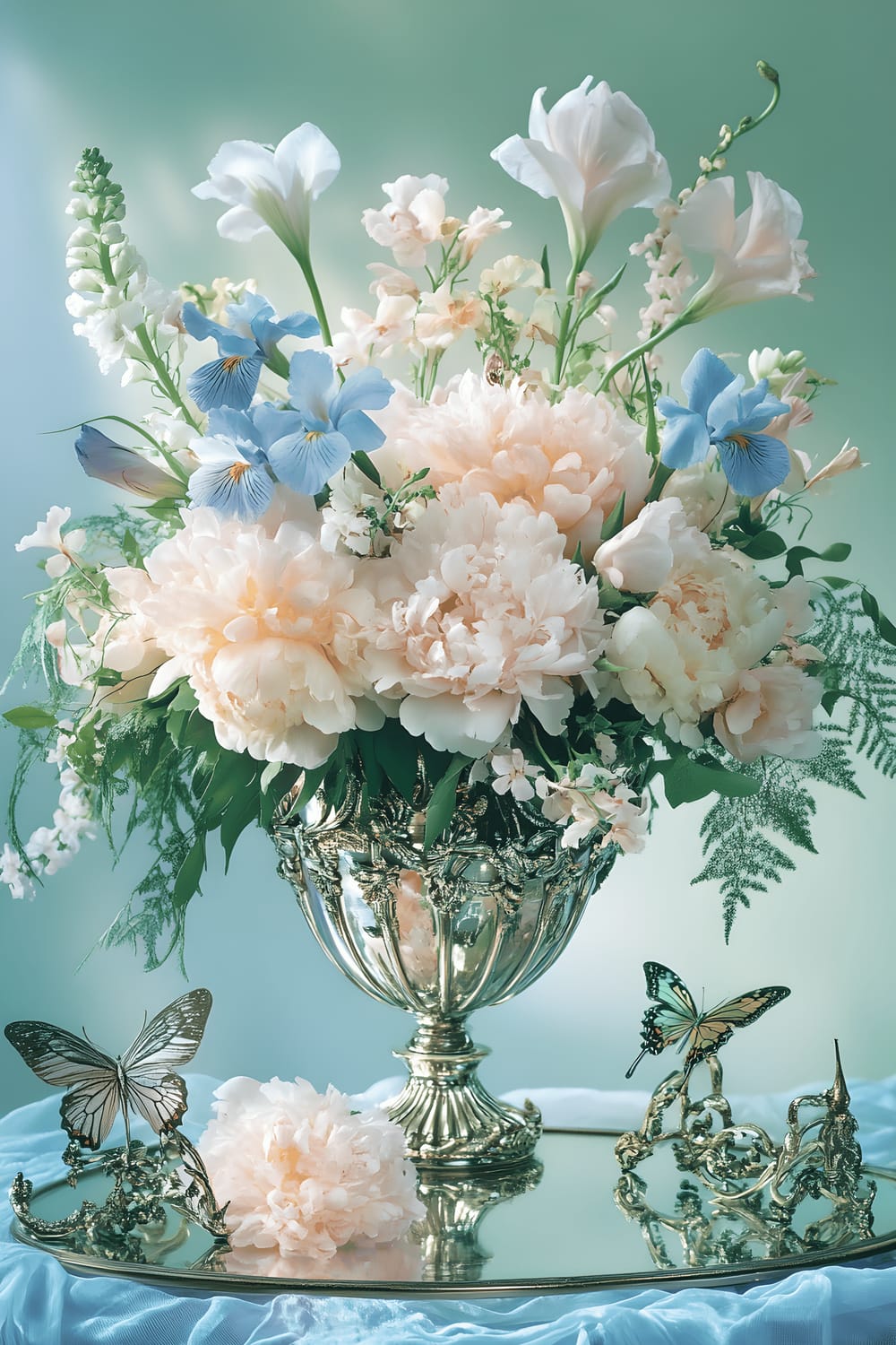 An Art Nouveau-inspired table centerpiece showcased on a soft, pastel-colored tablecloth. The centerpiece features a large metal vase, bearing flowing, ornate, swirling designs, filled with a floral arrangement of peonies, irises, and ferns. Surrounding the vase are small, intricate metal sculptures depicting butterflies and dragonflies. The entire arrangement is set on a mirrored base that reflects the beauty of the display.