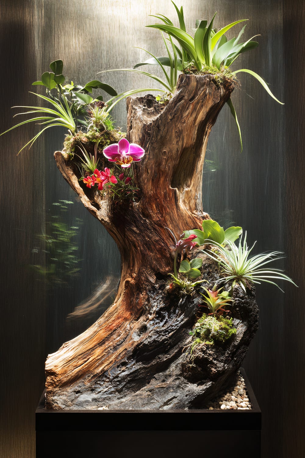 A stunning botanical arrangement involving a hollowed-out tree trunk filled with various types of lush green plants, vibrant orchids, and other small blooming flowers. The arrangement is housed on a dark pedestal with a luminous backdrop, providing an intriguing contrast between natural elements and a contemporary setting.