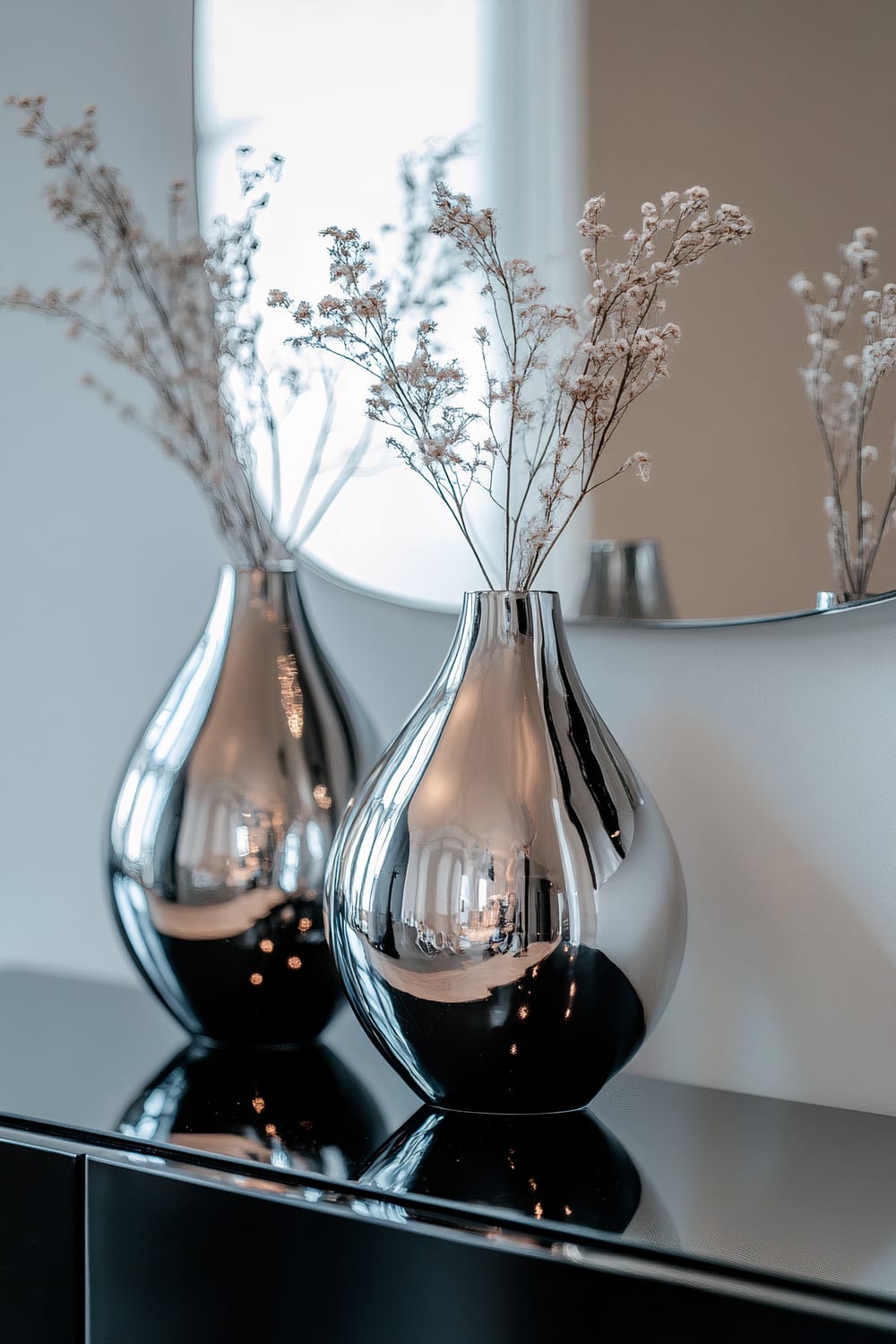 Two silver metallic vases with smooth, reflective surfaces are placed on a minimalist black console table. Each vase contains delicate, dried branches. A circular mirror in the background reflects the vases and part of the room.