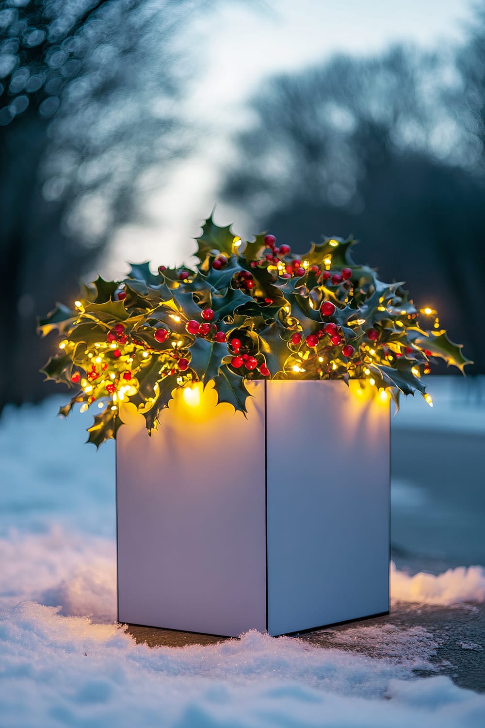 A minimalist white metal lantern planter on a snowy sidewalk, containing American Holly with glossy green leaves and bright red berries. Soft golden fairy lights wrap around the holly branches, casting a warm glow that contrasts with the cool evening backdrop under a deep twilight blue sky.