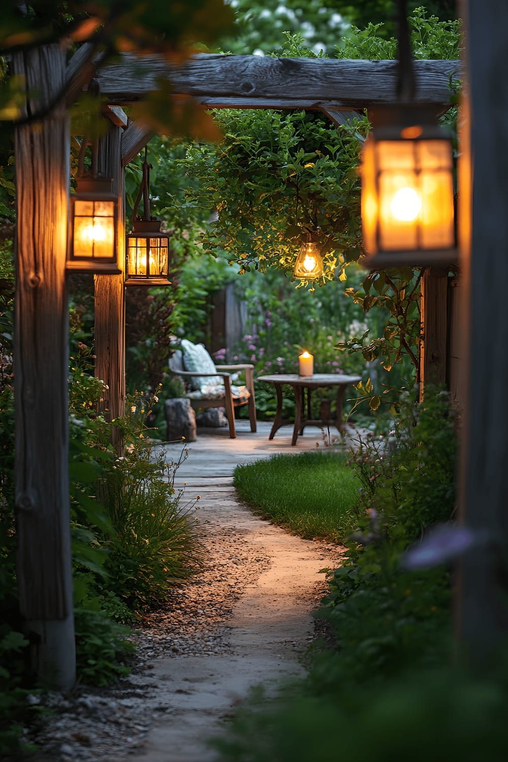 A secluded garden pathway lit by hanging rustic lanterns, leading towards a small table set with a single candle and a comfortable chair. The trail ends in a secret garden nook. All is bathed in a soft evening light.