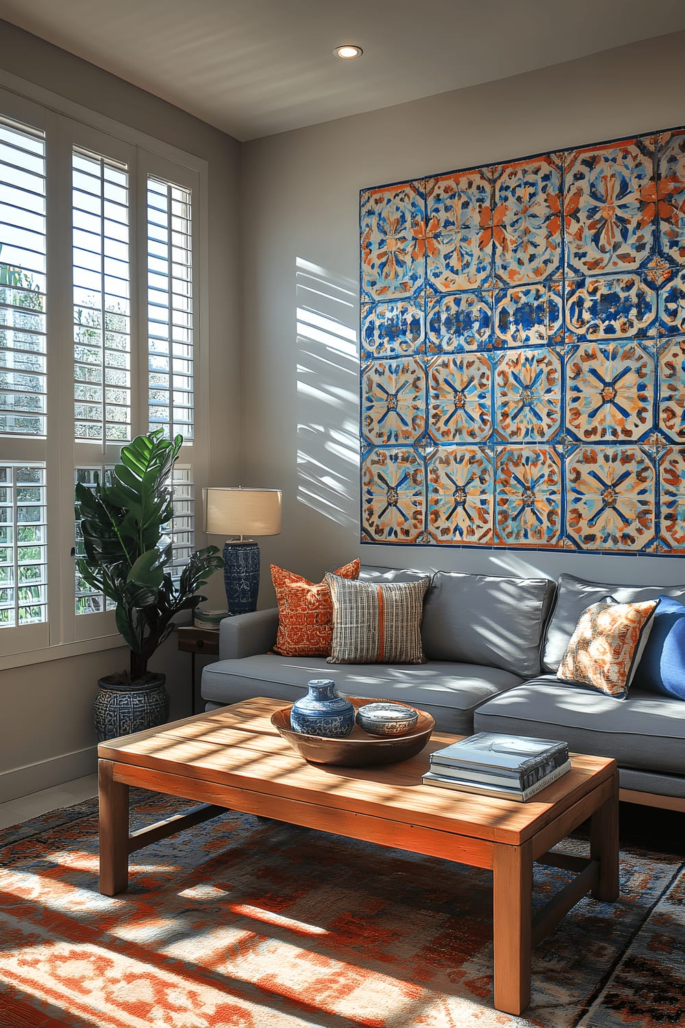 A small living room featuring a compact gray sofa positioned towards a wall decorated with a vibrant geometric mosaic tile centerpiece in blues and oranges. A rustic wooden coffee table with ceramic inlays sits in the center of the room, surrounded by a sparse but coordinated array of furniture. Natural light fills the room from two large windows with decorative shutters, enriched by the serene glow of a simple pendant lamp hanging from the ceiling.