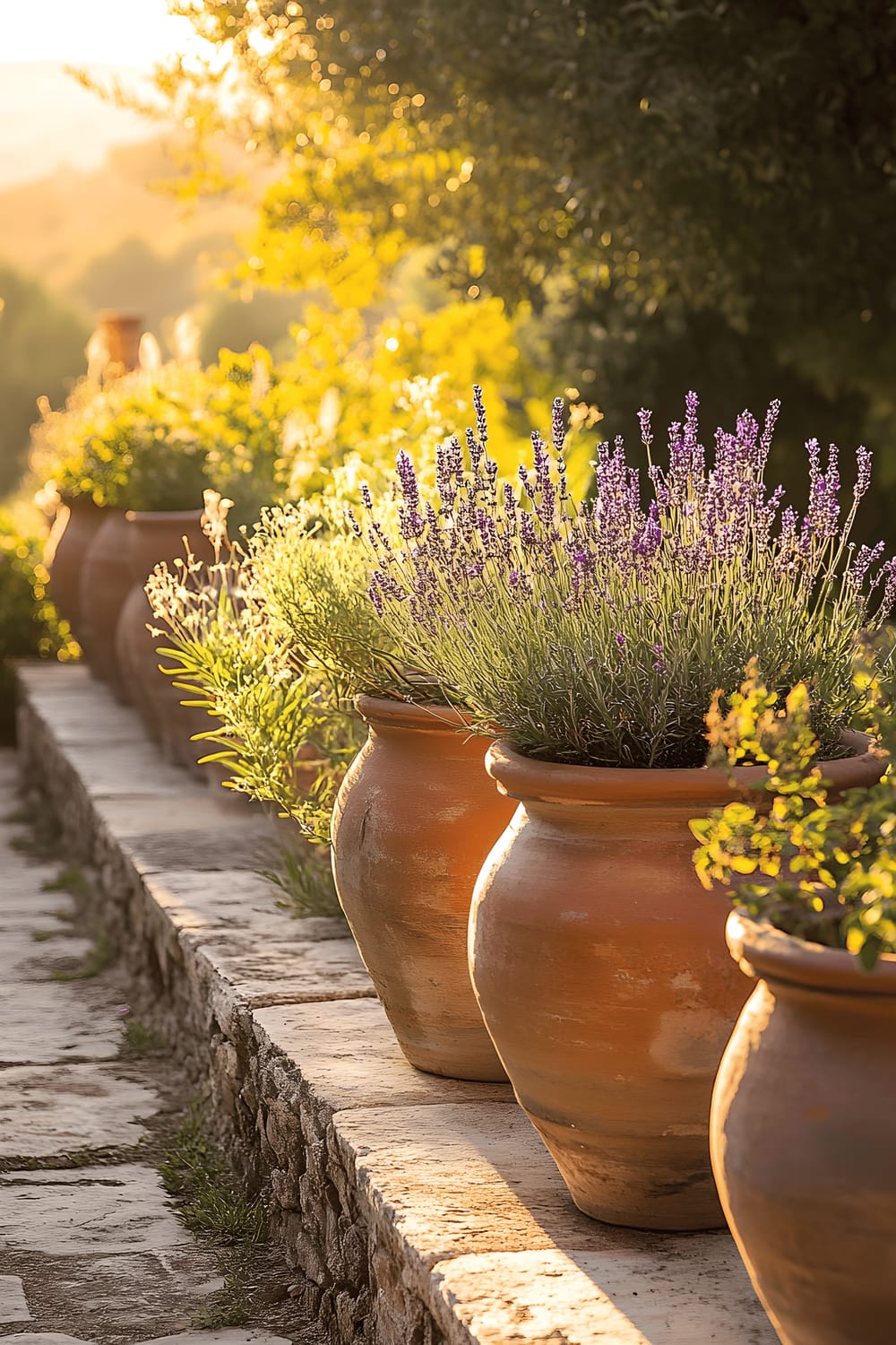 A sunlit stone terrace featuring a row of terracotta pots housing dwarf olive trees and lavender plants. The warm golden rays of the sun reflect off the pots, enhancing their earthen hue and creating a timeless Mediterranean atmosphere.