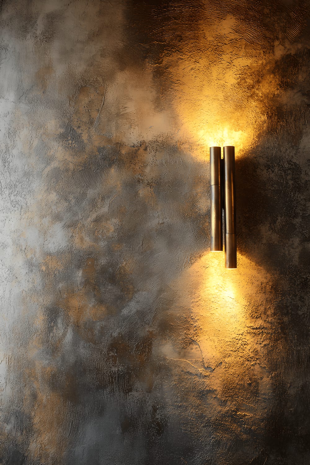 The image features two DIY wall sconces made from bent brass pipes, casting a gentle, warm glow on a Venetian plaster wall behind them.