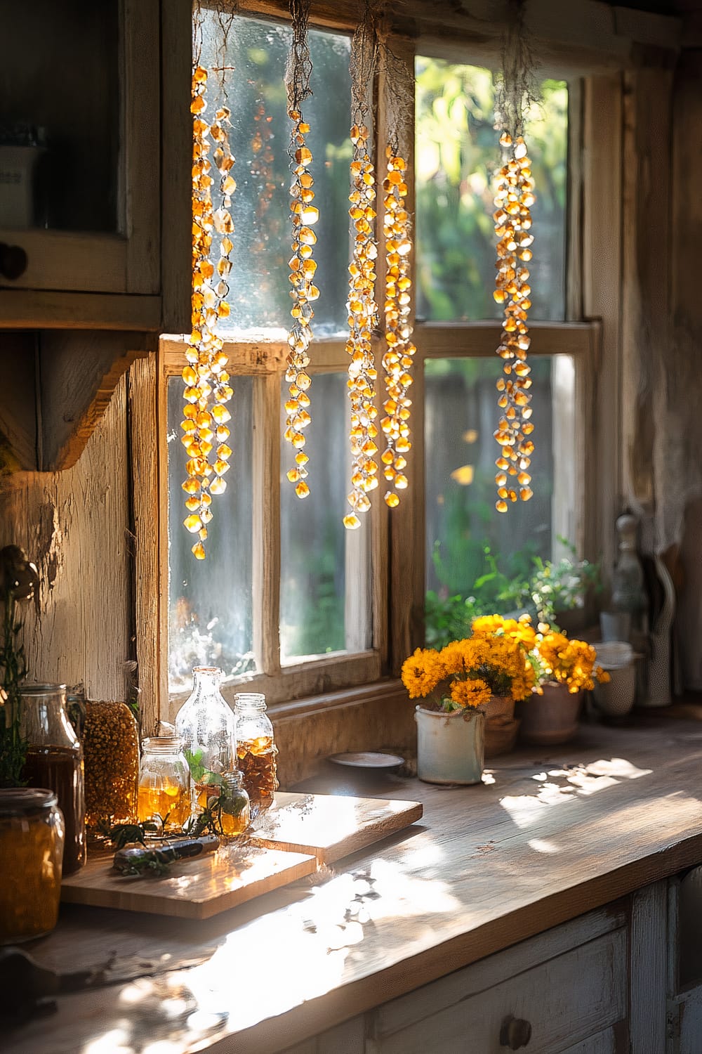 A rustic kitchen scene featuring a wooden countertop, several glass jars containing preserved herbs and honey, and a cutting board with fresh herbs. Hanging from the upper part of the window are strings of dried yellow corn, illuminated by sunlight streaming through the window. Pots of yellow flowers are placed along the windowsill, adding a touch of color to the earthy tones of the room.