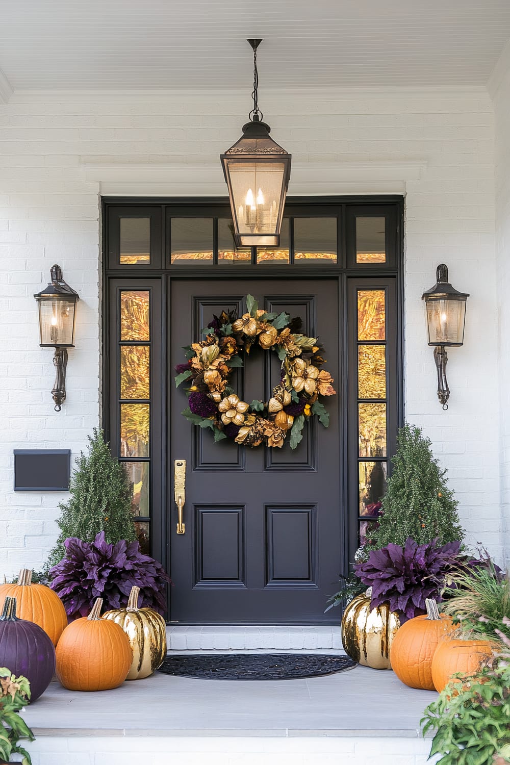 A front porch decorated for fall with a black door adorned with a festive wreath made of small pumpkins and autumn leaves. The porch features potted purple ornamental cabbages, two green topiaries, and an assortment of pumpkins including orange, purple, and gold metallic ones. Flanking the door are two vintage-style lantern wall sconces, and above the door hangs a large, ornate lantern pendant light. The brickwork on the home is painted white, and the doormat is black.