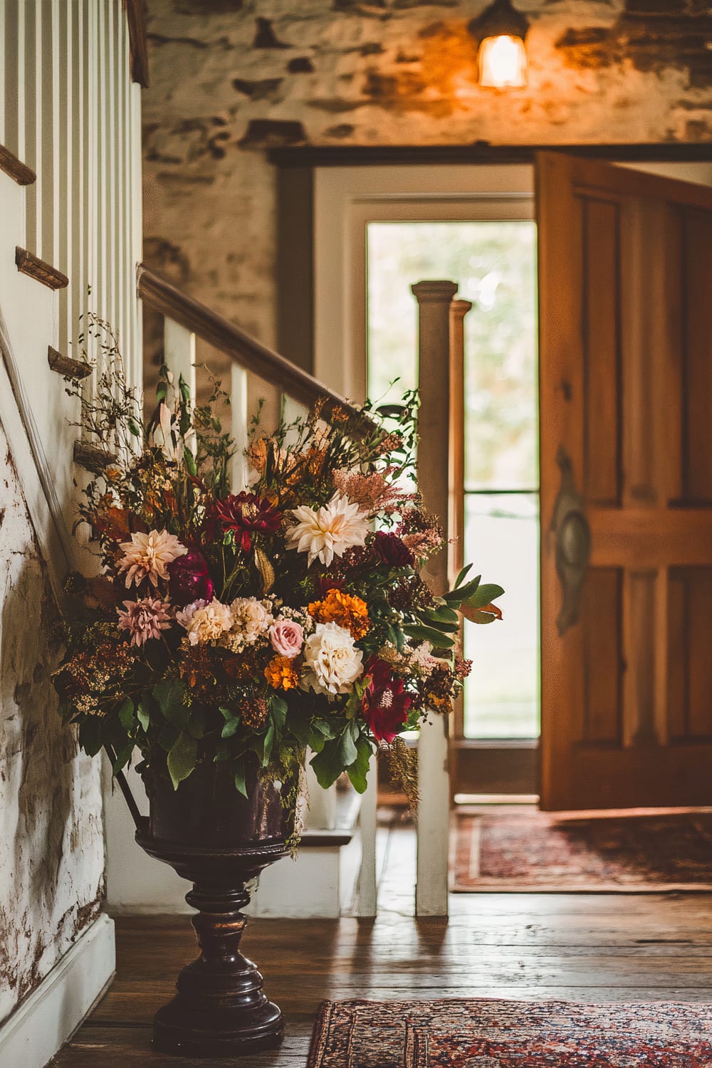 An interior space with a rustic vibe is depicted, featuring a wooden staircase to the left and a large bouquet of flowers in a dark vase in the foreground. The bouquet is abundant with a variety of colorful flowers, including roses and dahlias in shades of pink, white, and maroon, as well as greenery. The stone wall is partially visible, adding a textural contrast. An open wooden door in the background allows natural light to enter, illuminating the polished wooden floors and Persian-style rugs. A warm light fixture casts a gentle glow downward, enhancing the overall ambiance.