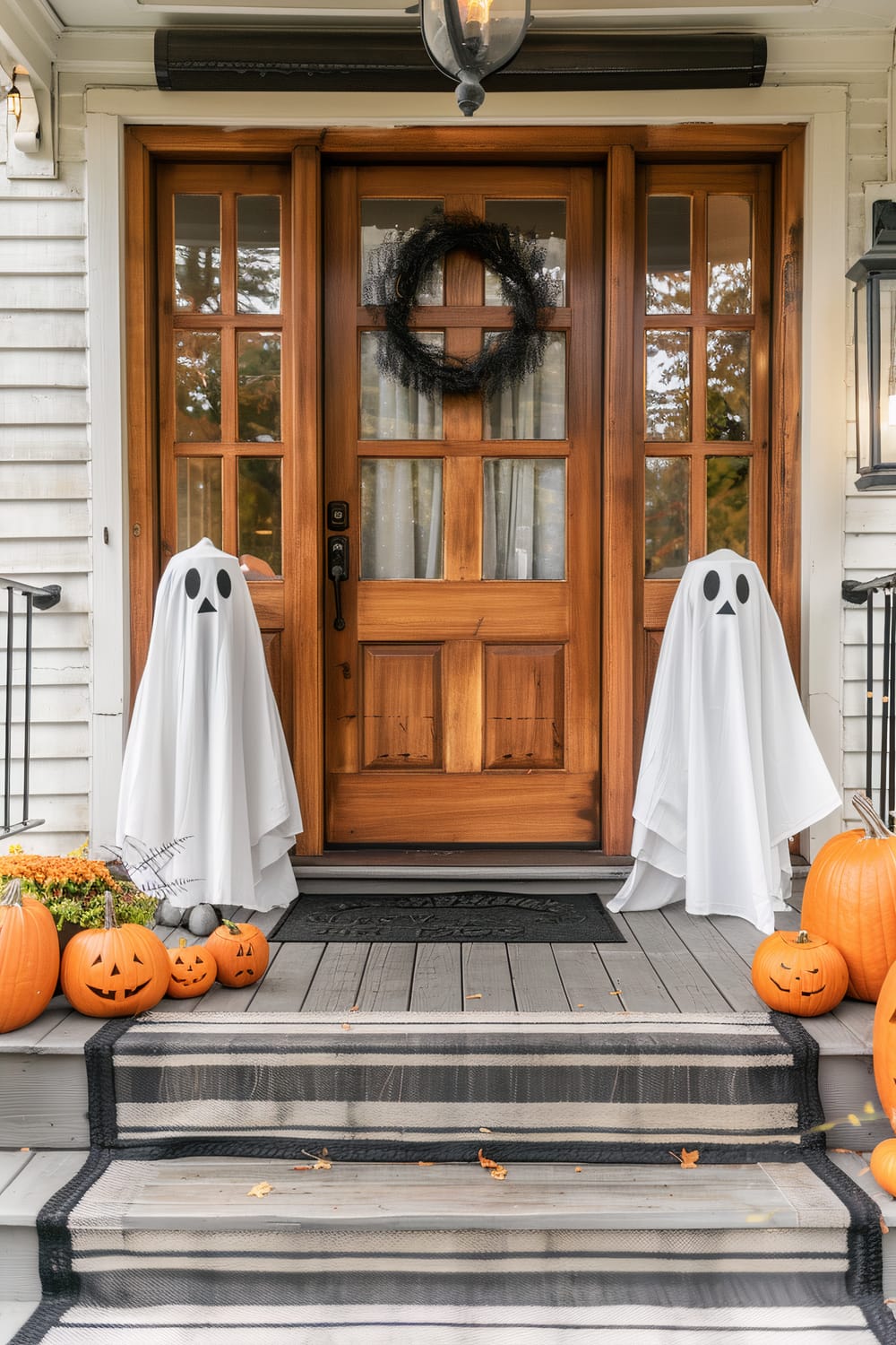 A front porch decorated for Halloween. The porch features a wooden door with glass panels and a black wreath hanging in the center. There are two ghost figures made of white sheets with black eyes and mouths placed on either side of the doorway. The steps leading up to the porch are lined with a black and white striped runner rug. Various sizes of carved pumpkins with different facial expressions are arranged on either side of the steps.