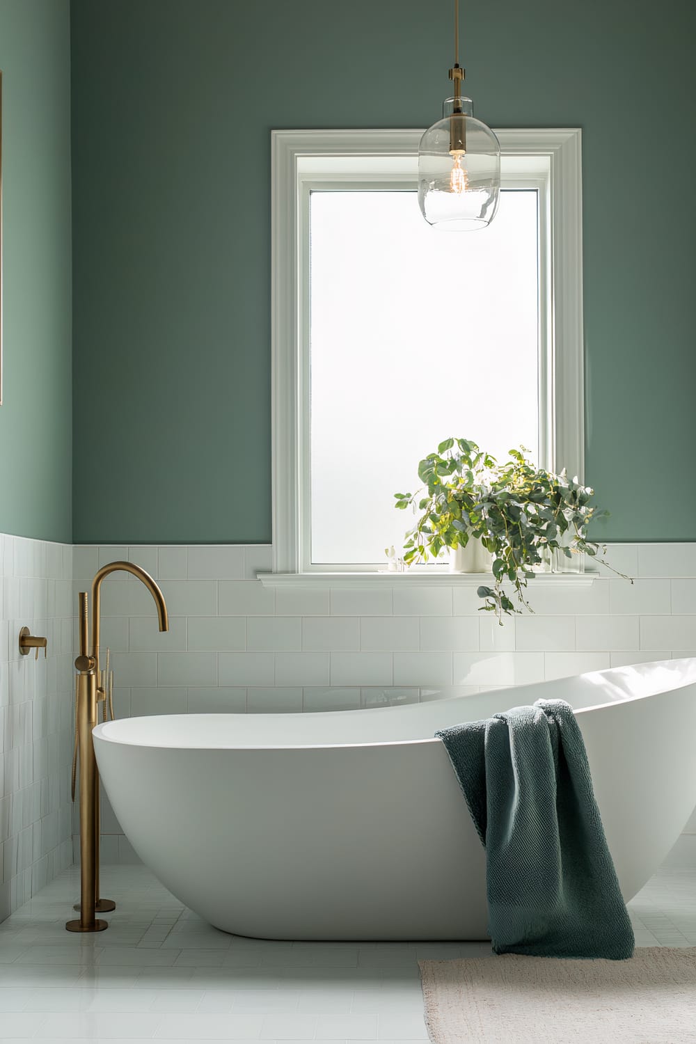 A modern bathroom features a freestanding white bathtub with an elegant bronze floor-mounted faucet. Above the tub, a large frosted window allows natural light to flood the space, complemented by a cascading green plant on the windowsill. The walls are painted in a sophisticated teal hue that transitions into white subway tiles midway down. A muted pendant light with a glass shade hangs from the ceiling, adding a touch of contemporary flair. A plush teal towel drapes over the edge of the tub, and a light-colored bath mat lies on the floor.