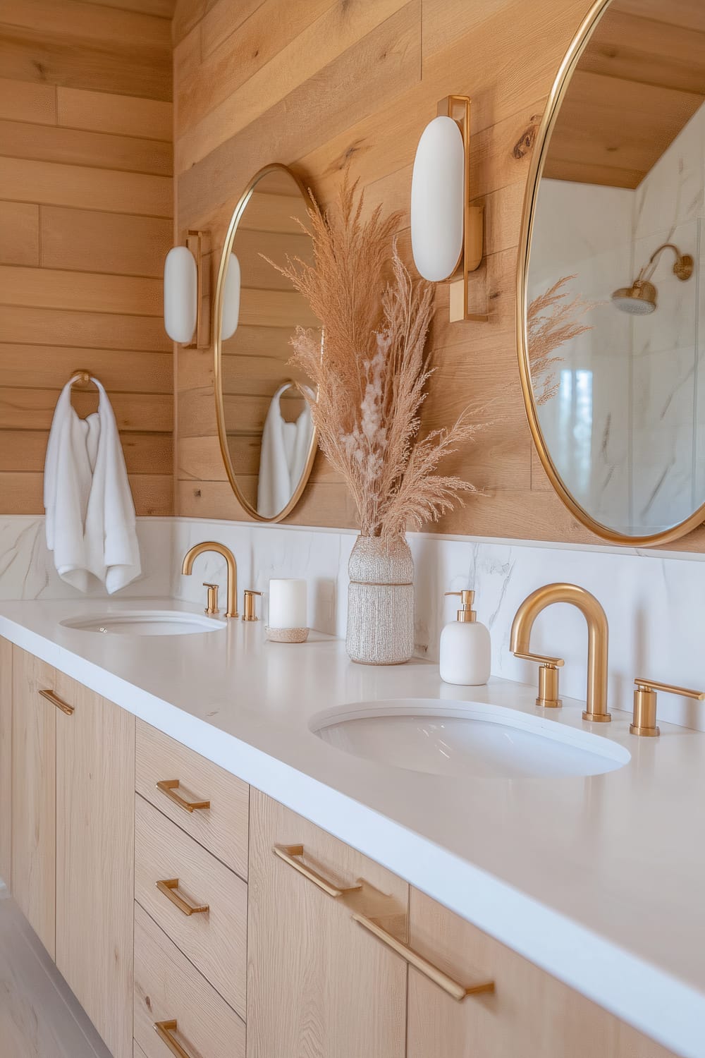 A bathroom scene showcasing a double vanity with a quartz countertop and two under-mount sinks. The cabinetry and walls are made of light wood, creating a warm atmosphere. Above the sinks are two round mirrors with gold frames, flanked by vertical sconces with white shades mounted on the wood paneling. The faucets, handles, and other hardware are all in matching gold tones. On the countertop, there is a decorative vase filled with pampas grass, a candle, and a soap dispenser, all in neutral colors. Visible in the background is part of a marble-tiled shower with a gold showerhead.