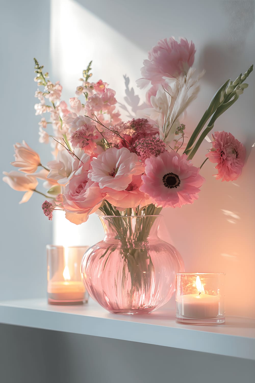 A soft pink floral arrangement delicately positioned in a clear, sleek vase, placed centrally on a white shelf. The scene is illuminated by warm candlelight emitting romantic ambiance.