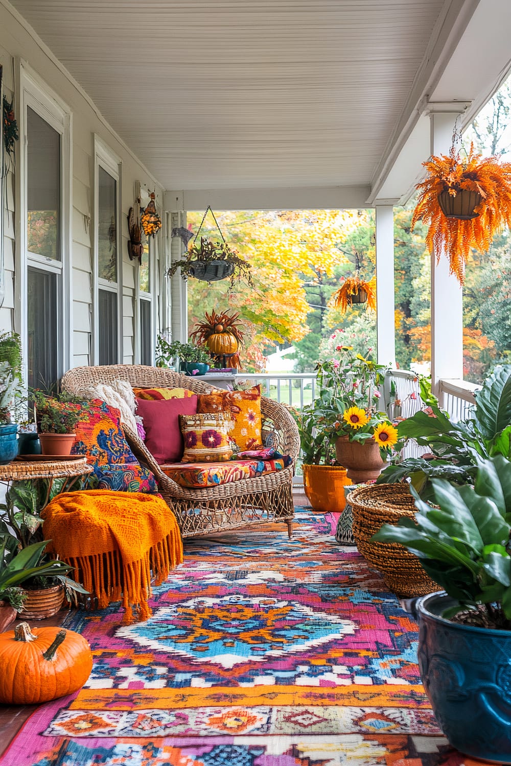 A warmly lit, colorful porch decorated for autumn featuring a mix of vibrant textiles and lush greenery. The porch has a wicker loveseat adorned with patterned and solid cushions in hues of red, orange, and yellow. An orange throw blanket drapes over the armrest. The floor is covered with a bright, multicolored, patterned rug. Various plants, including sunflowers and leafy greens, are placed in pots, some on low tables or directly on the floor, and hanging baskets along the edge of the porch. Two pumpkins, one of them inside a woven basket, add to the fall ambiance. The autumn foliage outside complements the decor with its vibrant hues of yellow, orange, and red.