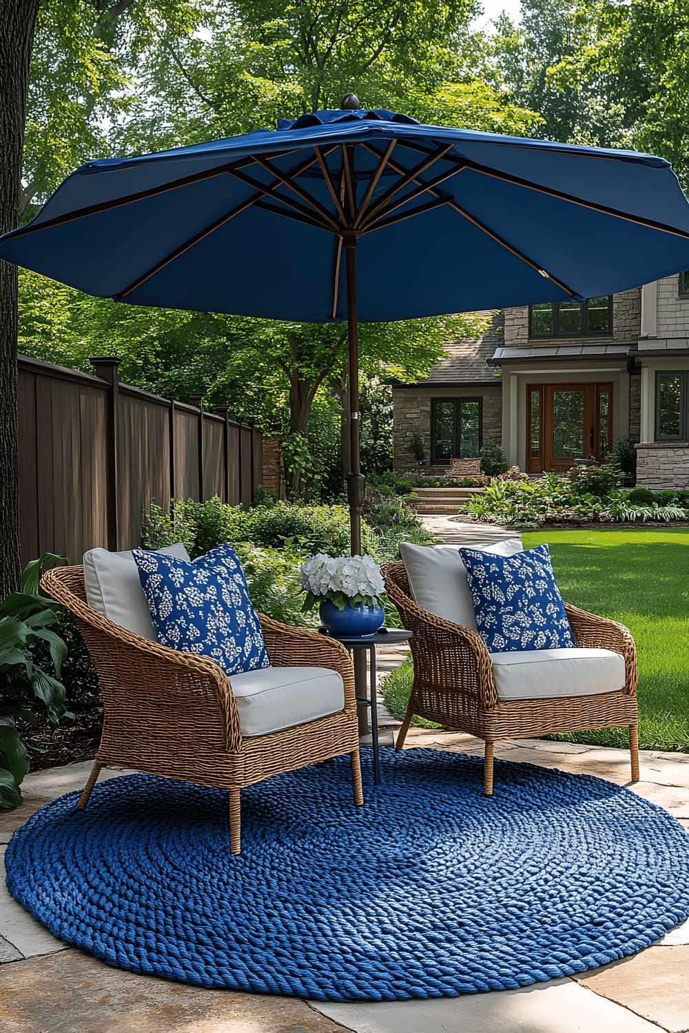 A sunny backyard featuring a lush green lawn bordered by a tall wooden fence. In the centre is a vibrant blue patio umbrella, under which is a cozy seating area composed of two wicker chairs adorned with plush cushions.