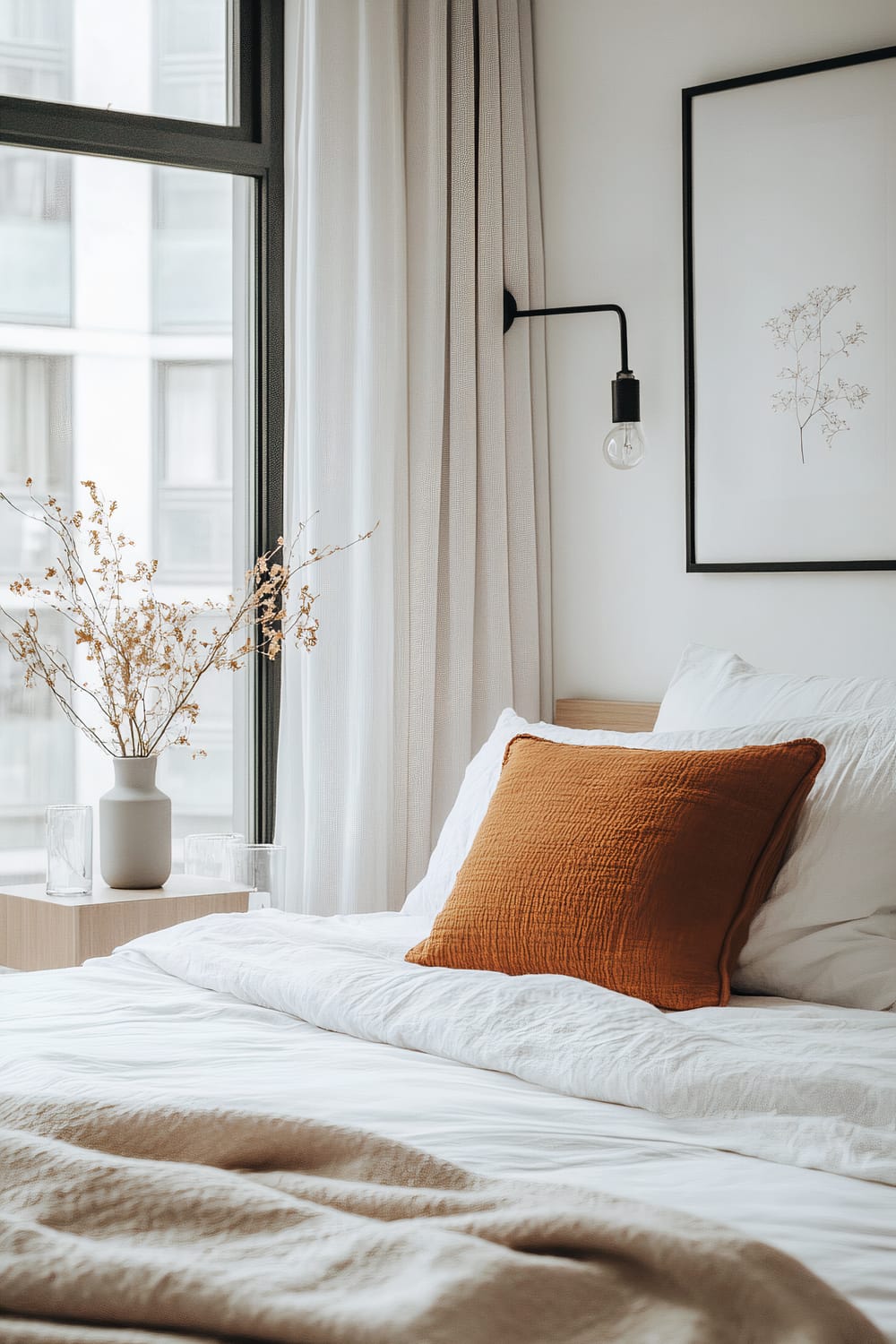 A minimalist bedroom featuring a large window with sheer white curtains. The bed is made with white linens and adorned with a single orange throw pillow and a light beige blanket. A light wood nightstand next to the bed holds a ceramic vase with dried flowers and two clear glasses. A black-framed botanical print hangs above the bedside wall.