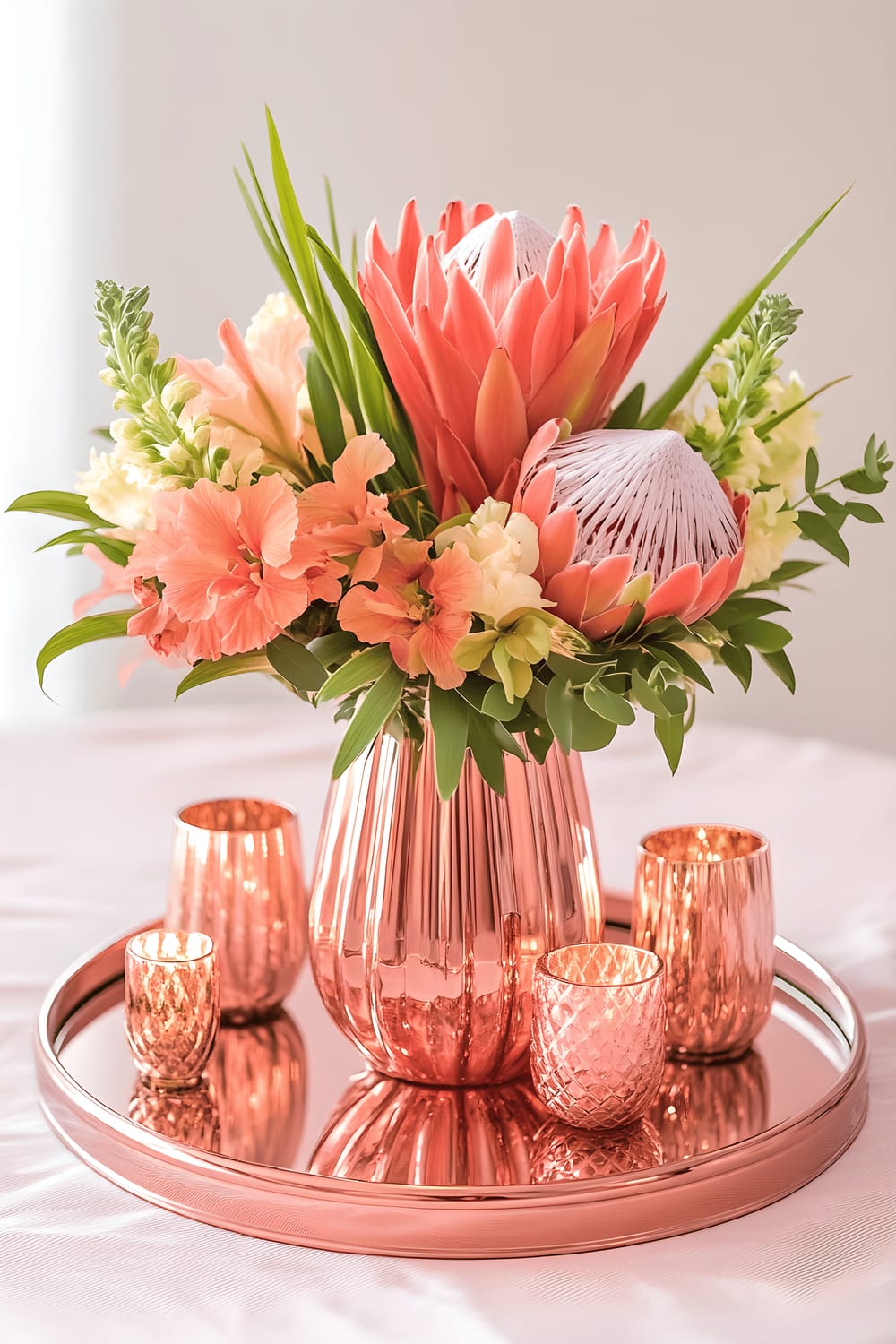 A picture presenting a vibrant table centerpiece in rose gold and coral hues. It features a mirrored tray in rose gold, hosting a coral-colored ceramic vase filled with tropical flowers like hibiscus and protea. Rose gold candle holders embellished with coral glass beads, as well as subtle greenery, surround the vase. The arrangement rests on a light pink, slightly shimmering tablecloth amidst an ambiance created by natural lighting. The bright light enhances the contrast between the vivid coral and the soft rose gold, contributing to a lively, modern scene.