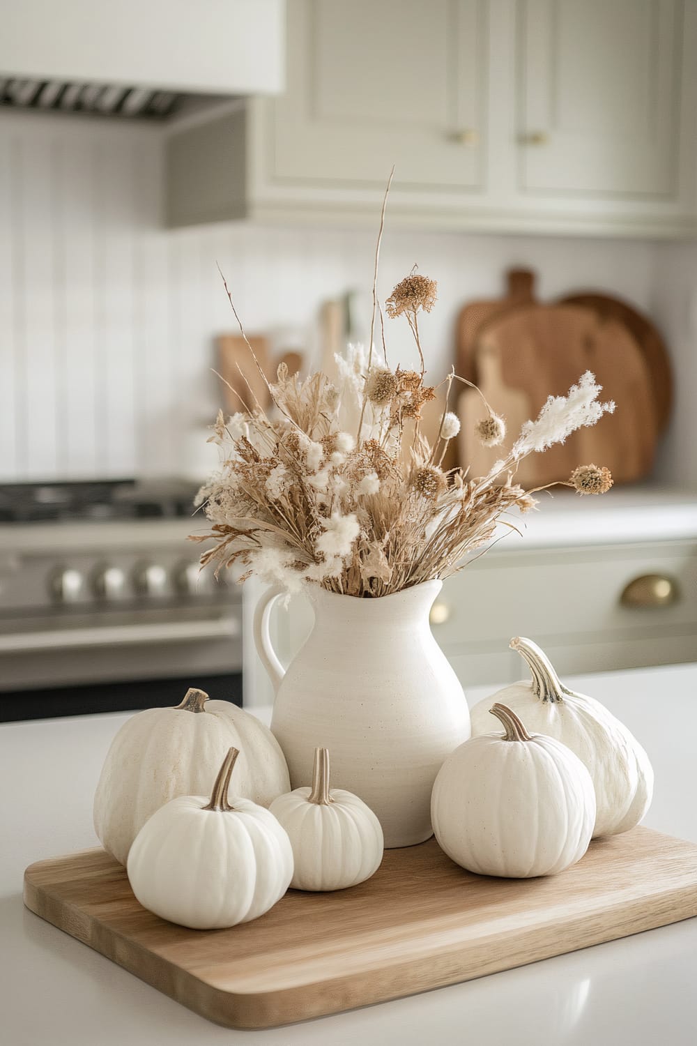 A modern kitchen scene features a white ceramic pitcher with a dried floral arrangement, set on a wooden cutting board. Surrounding the pitcher are various white pumpkins of different sizes. The background includes soft green cabinetry with brass hardware and a rustic wooden cutting board leaning against the backsplash, enhancing the serene, minimalist style.