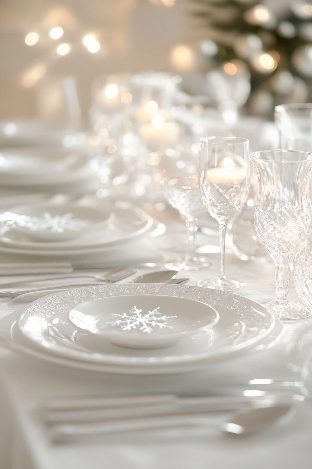 A sophisticated Christmas dinner table set entirely in white. Each place setting features white ceramic plates, minimalist silver flatware, and clear glass goblets. A single white snowflake ornament lies on each plate, and the table is adorned with lit white candles in elegant holders and subtle white greenery. The surrounding ambiance is warm and festive, enhanced by soft lighting.