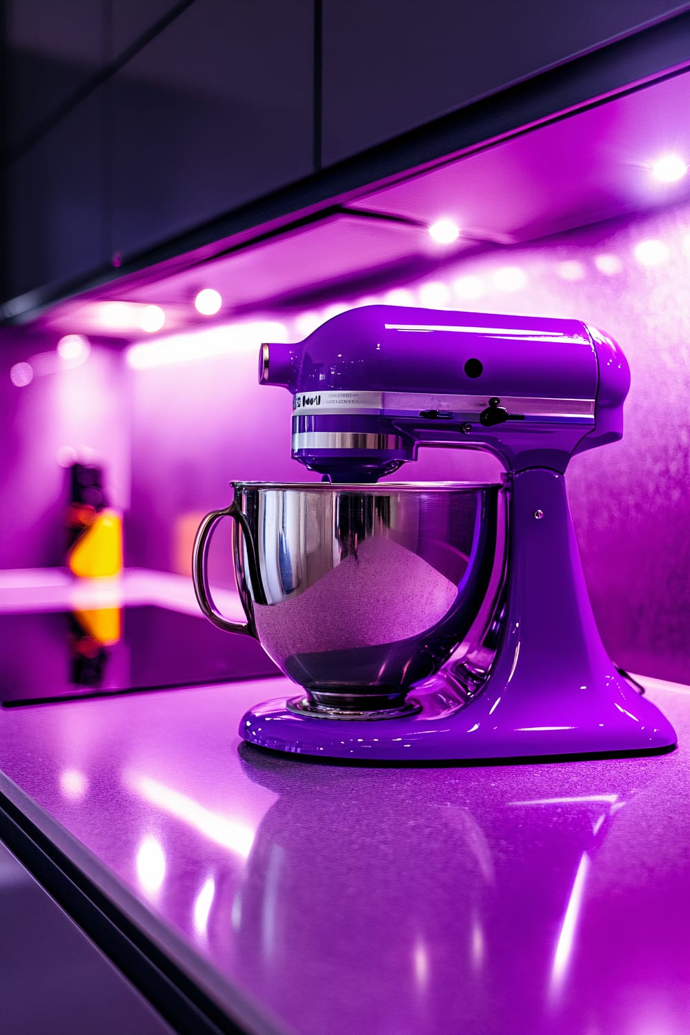 A close-up view of a bright purple stand mixer on a sleek, grey countertop within a modern kitchen. The kitchen background features under-cabinet lighting with a purple hue that complements the mixer's color. The overall scene is minimalistic with clean lines.