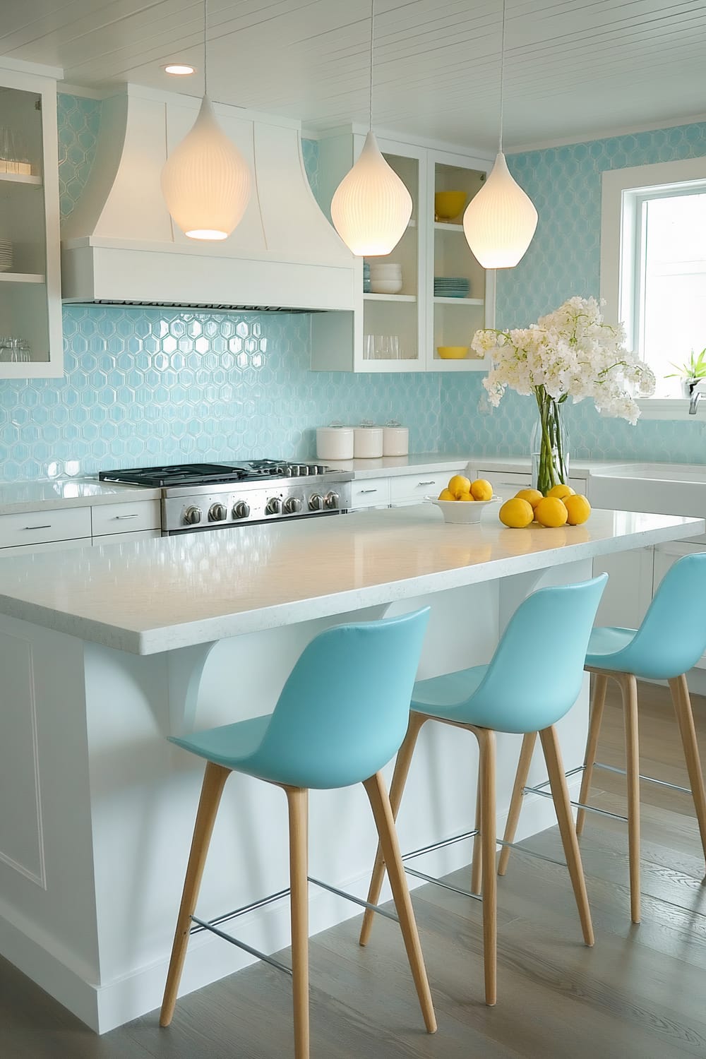 A modern kitchen features a white island with a light countertop, surrounded by three light blue bar stools with wooden legs. Above the island hang three teardrop-shaped pendant lights. The backdrop is a backsplash of hexagonal light blue tiles, complementing the light blue accents. Open shelving with white dishware and some yellow elements add an extra pop of color. On the countertop, a vase of white flowers sits next to a bowl filled with lemons, adding natural elements to the space.