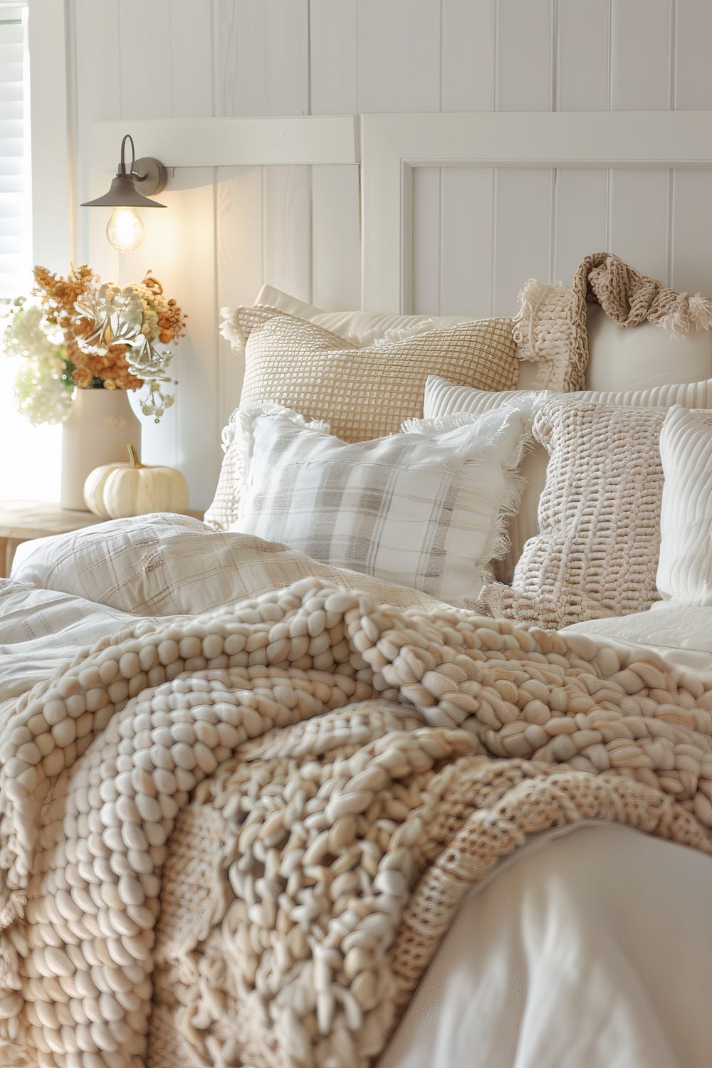 A cozy bedroom features a bed adorned with various textured pillows and a chunky knit blanket, all in neutral tones. A wall sconce with an exposed bulb provides soft lighting. A small side table holds a vase with dried flowers and a decorative white pumpkin, evoking a warm, welcoming atmosphere. The walls have a white panel design, adding to the room's rustic aesthetic.