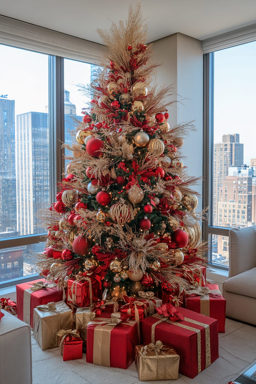 A luxuriously decorated Christmas tree adorned with red, gold, and sparkling ornaments is placed in a modern interior with large glass windows showcasing a cityscape. Several neatly wrapped presents in red and gold with matching ribbons are arranged at the base of the tree. The interior features light-colored walls and a white upholstered sofa visible to the side.