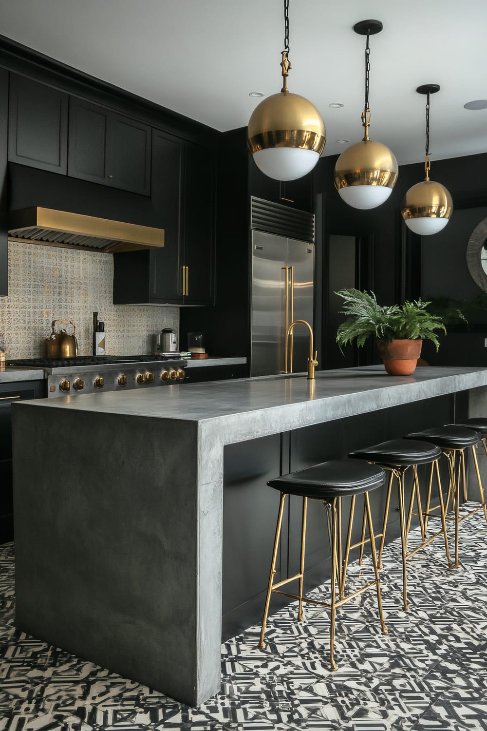 An ultra-modern kitchen with dark cabinetry and a concrete island counter. The island is complemented by three high stools with black seats and gold legs. Above the island, three spherical pendant lights with gold accents hang from the ceiling. The backsplash features intricate tile work in a muted color palette. Stainless steel appliances and a potted plant complete the look.