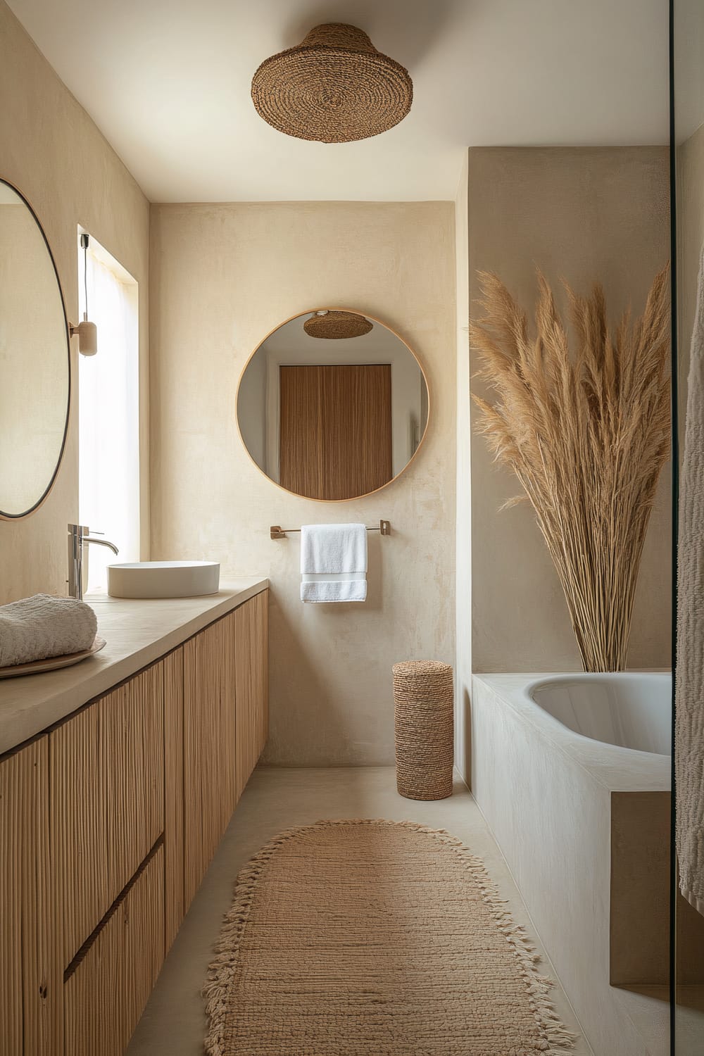 A minimalist bathroom featuring neutral tones and natural materials. The room has a large, circular mirror above a light wooden vanity with a vessel sink. A wall-mounted towel bar holds a white towel. The ceiling light is covered in woven wicker. A woven rug runs along the floor in front of the vanity. Adjacent to the vanity, there is a soaking tub partially visible, with tall dried pampas grass placed in one corner. Light filters in through a window with a sheer curtain, adding a soft glow to the space.