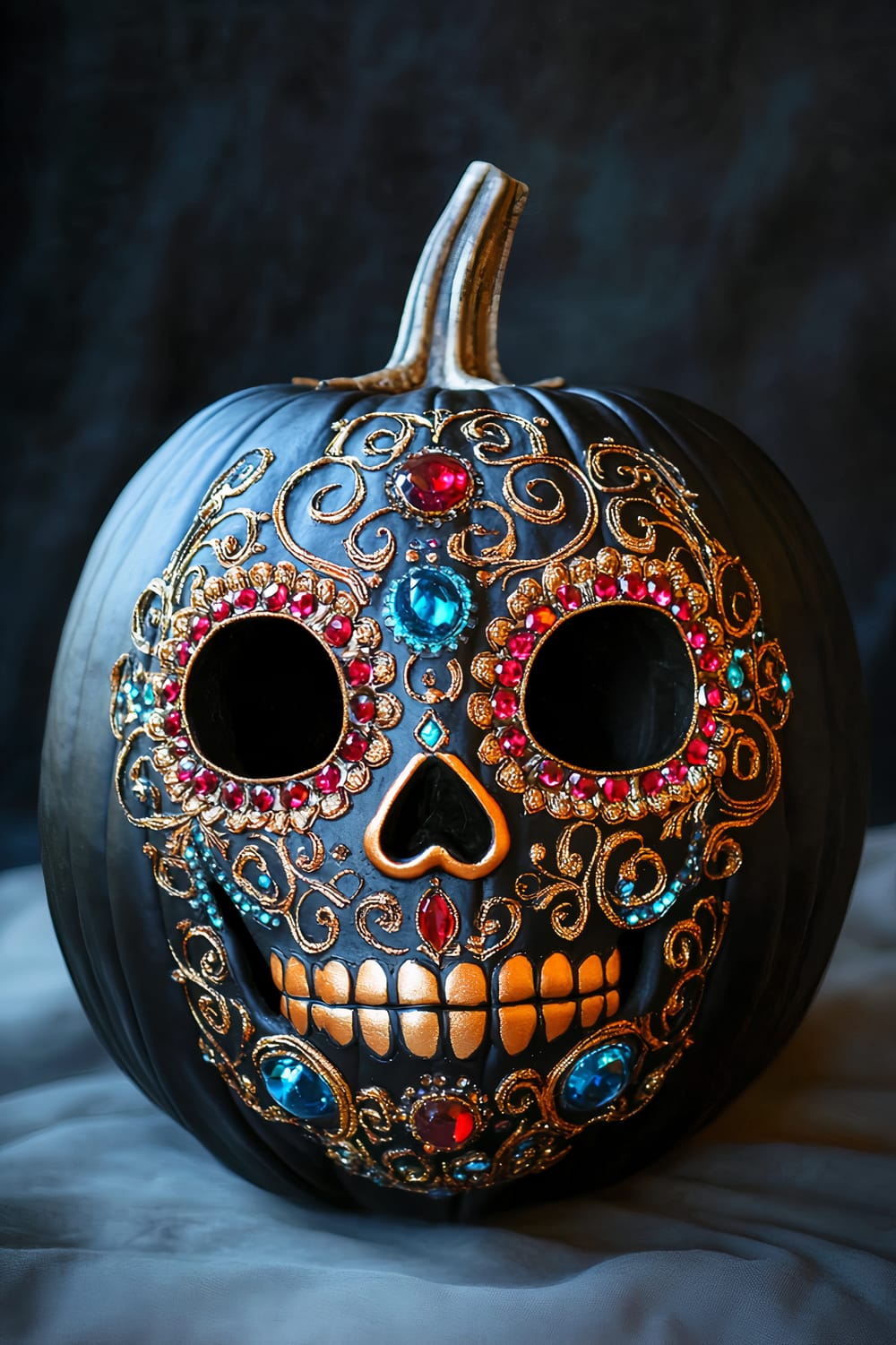 A beautifully decorated black pumpkin with intricate, colorful embellishments resembling a sugar skull. The pumpkin features elaborate golden swirls and patterns, adorned with vibrant gems in red, blue, and clear hues. The eyes are cut out, creating hollow spaces, and the mouth area is highlighted with gold paint, depicting teeth in a skeletal grin.