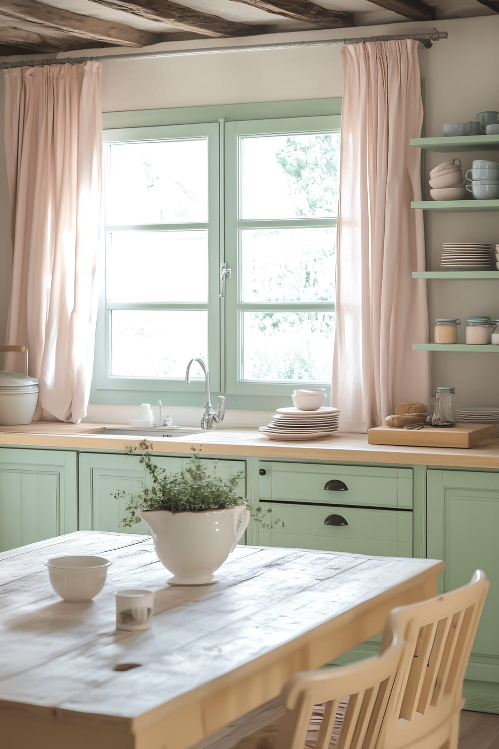 A French country style kitchen with mint green cabinets and beige countertops. A wooden farmhouse table is present in the center, surrounded by pastel yellow chairs, the tabletop featuring a simple, pale coral ceramic centerpiece. Open shelves hold an array of pastel-colored dishes and glassware. A large window, decorated with soft pink curtains, allows soft natural light to fill the room.