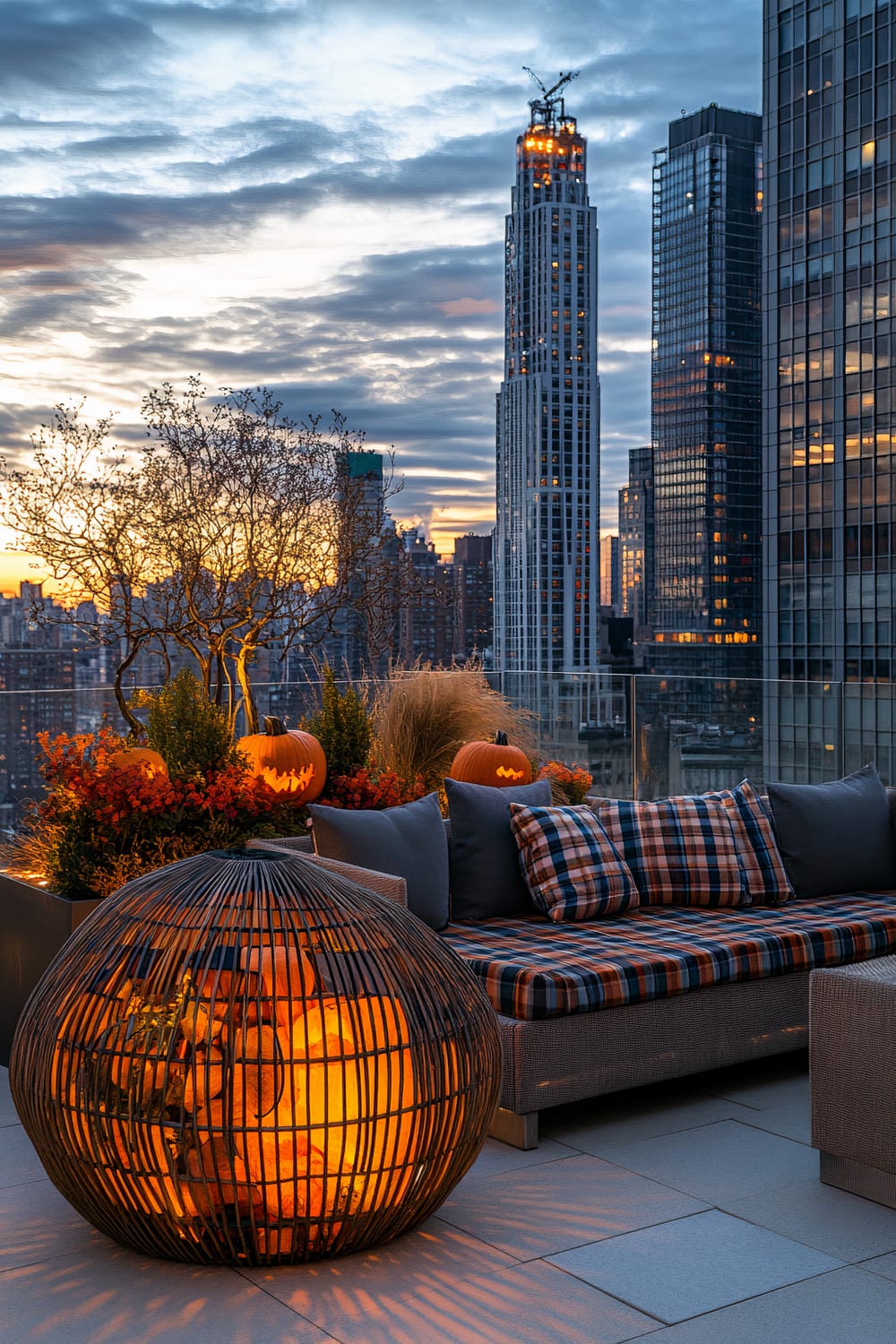 A rooftop terrace at sunset in an urban setting adorned with Halloween decorations. The scene features a wicker seating area with plaid cushions, glowing jack-o'-lanterns, and autumn foliage. A large spherical wicker fire pit illuminates the space with a warm, orange glow. Tall skyscrapers in the background create a striking contrast against the peaceful setting.