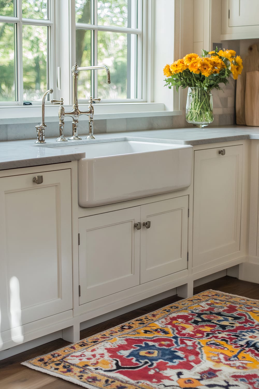 A contemporary kitchen featuring white cabinetry, a farmhouse sink with a chrome faucet, and a large rug with vivid patterns in red, yellow, and blue hues. Natural light streams in through large windows, illuminating the space. A bouquet of vibrant yellow flowers in a glass vase is placed on the countertop adjacent to the sink.