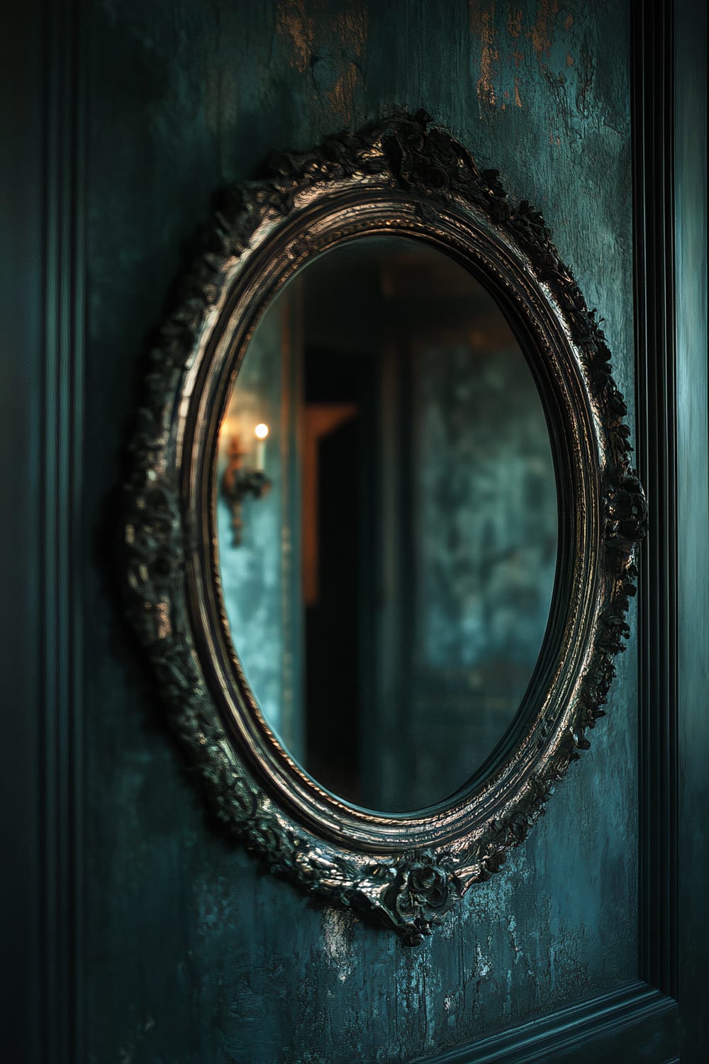 A close-up of an ornate antique mirror hanging on a richly textured dark wall in a luxurious hallway. The mirror is illuminated by a focused light, casting deep shadows that enhance its intricate frame and create an eerie, sophisticated ambiance. The reflection in the mirror is subtle and ghostly, adding to the opulent yet mysterious setting of the high-end mansion.