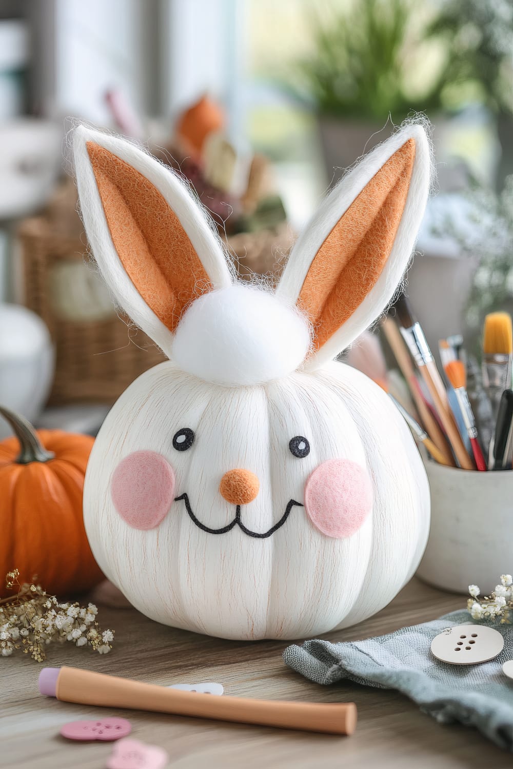 A white pumpkin decorated to resemble a bunny with large ears, pink cheeks, a round nose, and a cheerful smile rests on a wooden table surrounded by craft supplies, including a pencil, buttons, and plant cuttings. In the background, another orange pumpkin and plant pots filled with brushes and flowers can be seen.