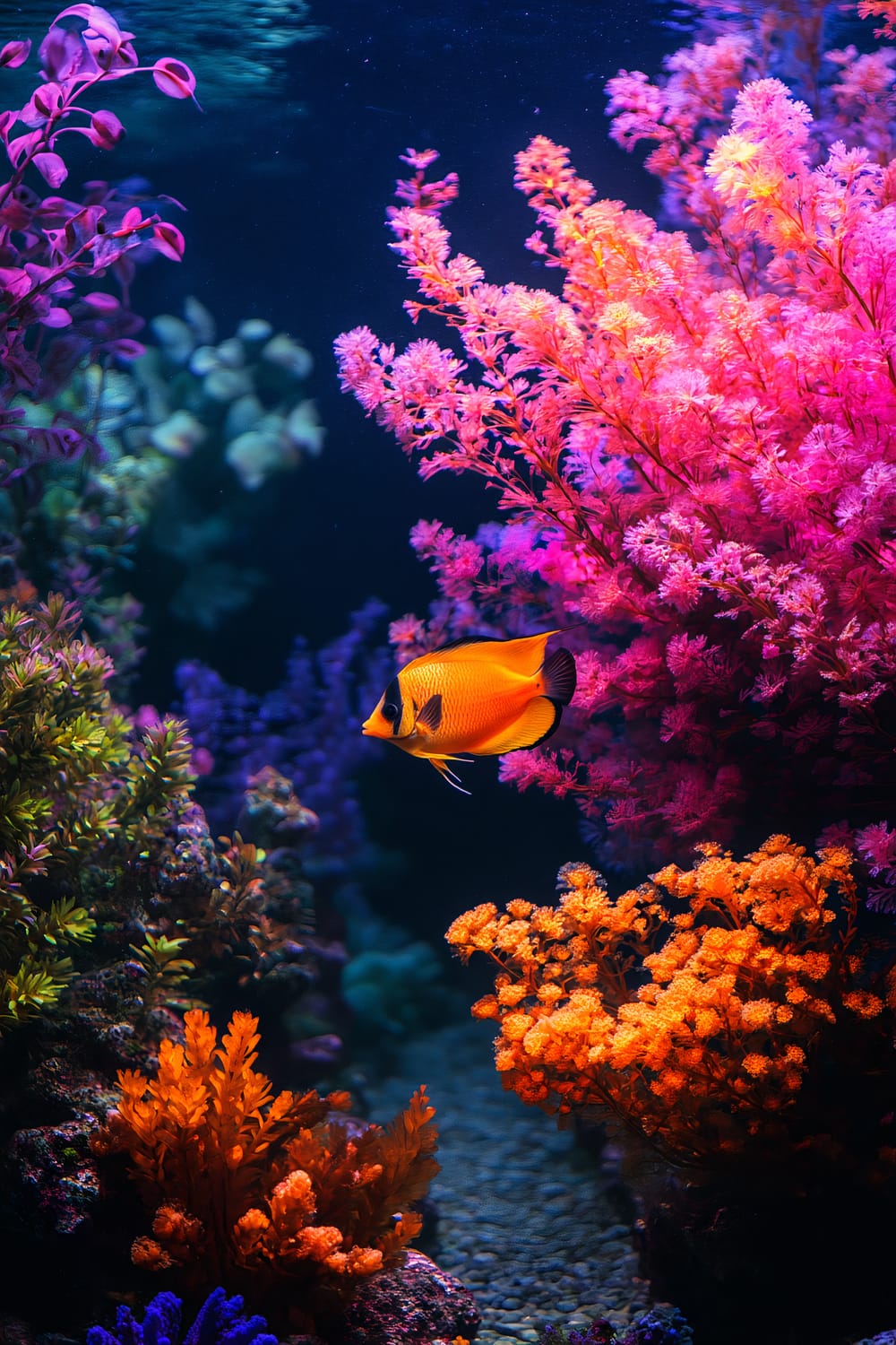 An underwater scene capturing a brilliantly colored aquarium, with vibrant coral and a single fish. The corals are in hues of pink, orange, purple, and green, illuminated with a gradient lighting that gives a warm, sunset-like glow. A lone orange and black fish swims gracefully among the coral.