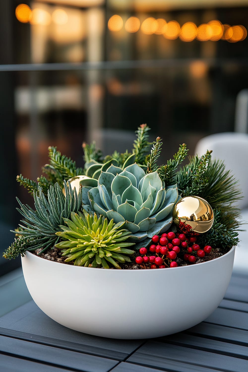 A sleek, matte white ceramic planter with a carefully arranged mix of succulents, including Echeveria, Hens and Chicks, and Aloe Vera, accented with metallic gold ornaments and small red berries. The planter is placed on a contemporary rooftop terrace with minimalist outdoor furniture, set against a warm sunset backdrop and ambient LED lights, highlighting the elegant Christmas display.